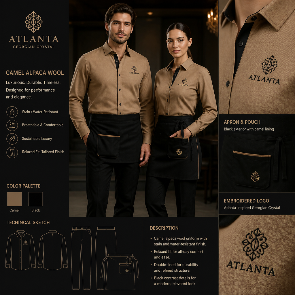 Create a uniform for male wait staff that is camel colored, double-lined, tailored, relaxed fit, made of alpaca wool, stain-resistant, and water-resistant. Include pants and apron. Button-down shirt should be camel colored with black lining with black embroidered letters that state The Georgian Crystal at Blue Ridge Resort and include a Southern Live Oak Tree with Spanish Moss and Peach Trees with fallen peaches, influenced by the Atlanta skyline; pants should be black, and the apron and pouch should be black. The black apron and pouch should have camel lining.
Camel alpaca wool uniform: relaxed fit, tailored pants, double-lined. Stain/water-resistant. Camel button-down shirt, black lining, embroidered Atlanta-inspired Georgian Crystal logo. Black pants and apron. Black apron and pouch with camel lining.