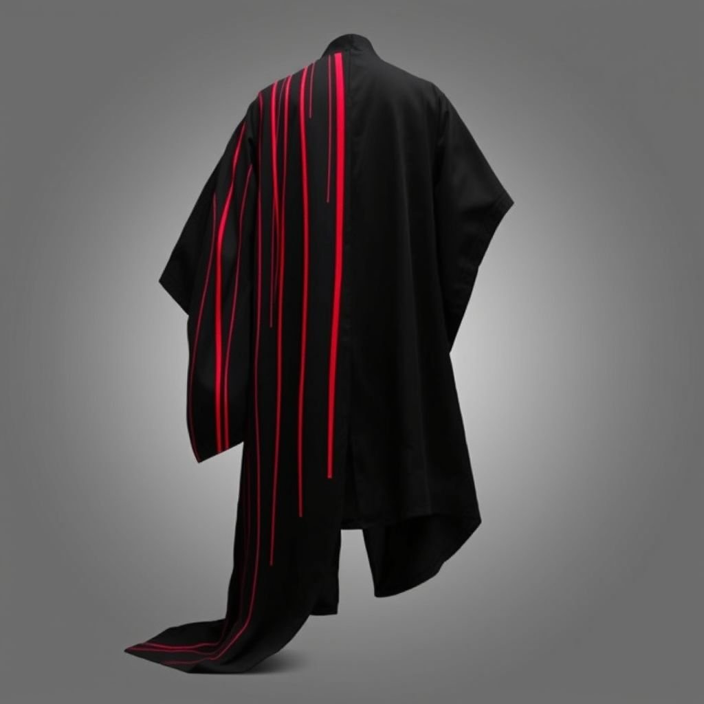 Design a men's kimono with a futuristic, minimalist aesthetic. On one side of the kimono, feature vertical lines in varying widths and lengths, randomly placed in red, creating a dynamic and fluid pattern. The other side should remain clean and simple, maintaining a sleek, modern silhouette. The base color should be black, with the red lines adding contrast and energy to one side. The overall design should combine a modern, shamanic feel, blending tradition with innovation, and evoke both spiritual and futuristic elements."

A black men's kimono, draped elegantly, embodying a futuristic, minimalist aesthetic. One side adorned with exuberant red vertical lines, varying in width and length, creating a spontaneous rhythm. The opposite side, pristine and smooth, showcases a refined silhouette. An intriguing fusion of modernity and tradition, exuding shamanic elegance and otherworldly energy.