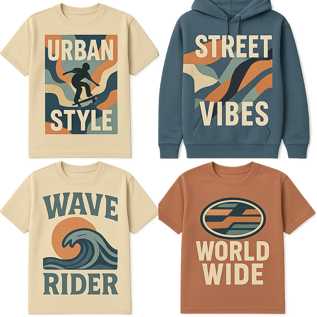 Create a variety of streetwear-style t-shirt and hoodie graphics and logos, featuring bold, trendy designs inspired by
 surf vibes and urban lifestyle. Include abstract patterns, oversized typography, retro logos, subtle animal motifs like seagulls, waves, sunsets, skaters, or cars. Designs should be youthful, casual, and edgy, suitable for screen printing on apparel. Use muted pastels, washed denim blues, and earth tones, with clean lines and modern style. Vector-ready, high-detail, wearable streetwear aesthetic logos, including novry

Streetwear fashion design: Create youthful, casual streetwear graphics for t-shirts and hoodies. Bold abstract patterns, oversized typography, and retro logos are key. Incorporate subtle urban or surf motifs (skaters, waves). Use muted pastels, denim blues, and earth tones. Designs should be vector-ready with clean lines for screen printing.