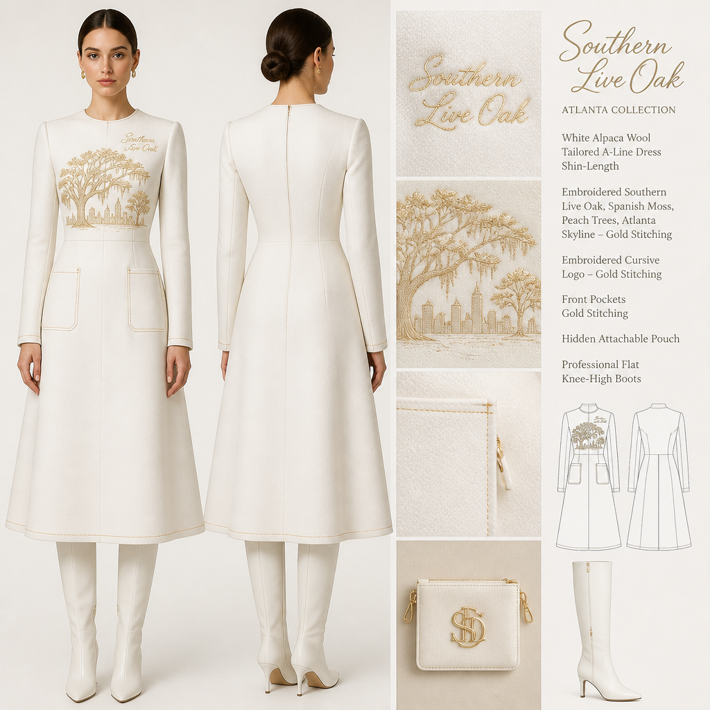 White warm long-sleeve timeless elegance tailored shin-length dress made of alpaca wool with "Georgian Crystal at Blue Ridge Resort" cursive font embroidered front logo with gold stitching, then add white pockets. Make sure pockets have gold stitching. Include an attachable hidden white pouch to hold pens, a small pen pad, front office cordless phone, and front office keys. Large logo should include a gold-stitched Southern Live Oak Tree with Spanish Moss and Peach Trees with fallen peaches influenced by the Atlanta skyline on the front chest area only. Create a design for women in the front office only. Include white knee-high professional flat boots for front office team members who may need to visit the outside grounds of the resort in the snow
White alpaca wool, tailored A-line dress, shin-length. Embroidered cursive logo, gold stitching, front pockets, gold stitching. Hidden attachable pouch. Large embroidered Southern Live Oak, Spanish Moss, Peach Trees, Atlanta skyline, gold stitching, chest only. White professional flat knee-high boots.