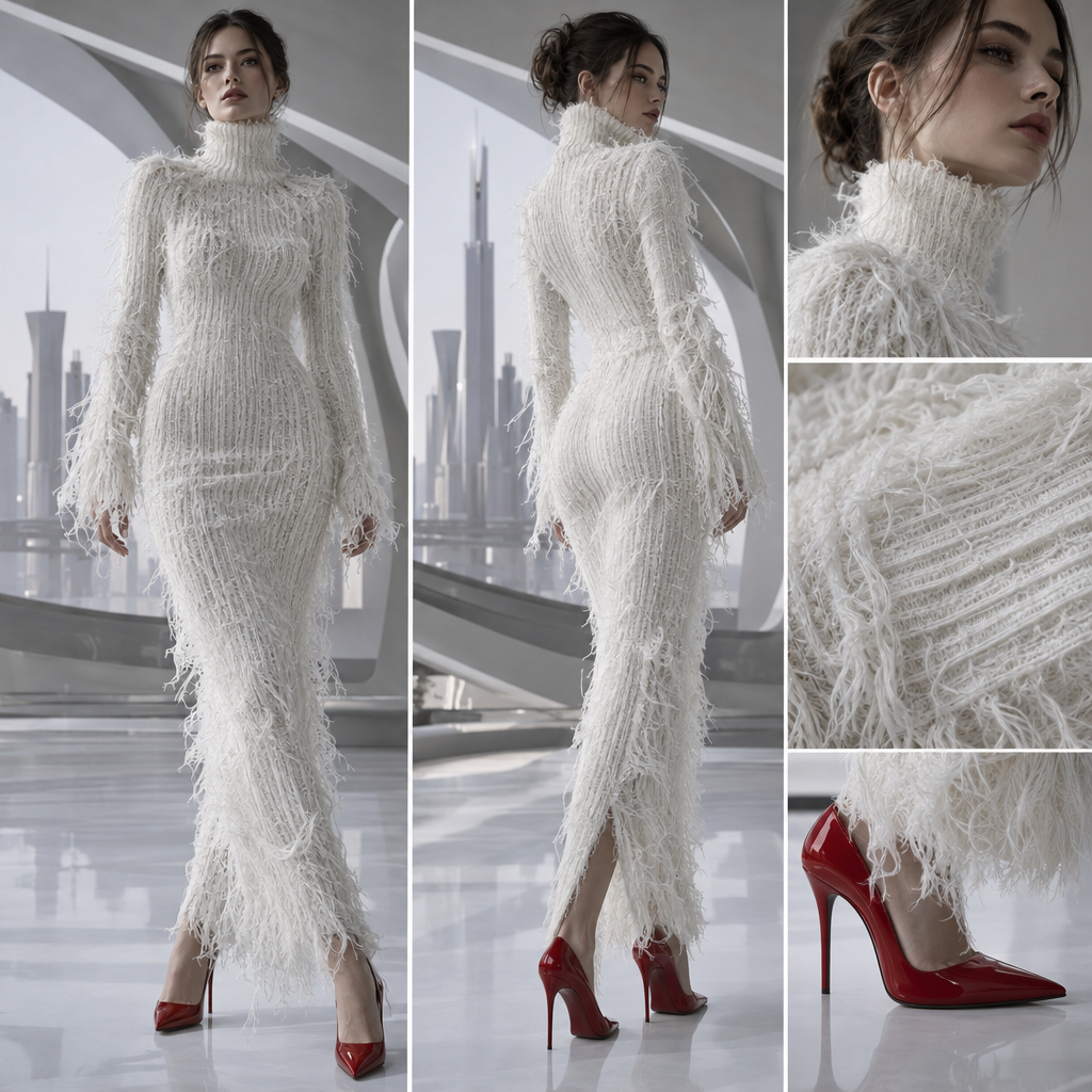 White tight long sweater dress with turtleneck. White shaggy frayed long tight sweater dress. Red high heel.
White tight long sweater dress with turtleneck. White shaggy frayed long tight sweater dress. Red high heel. , futuristic style
