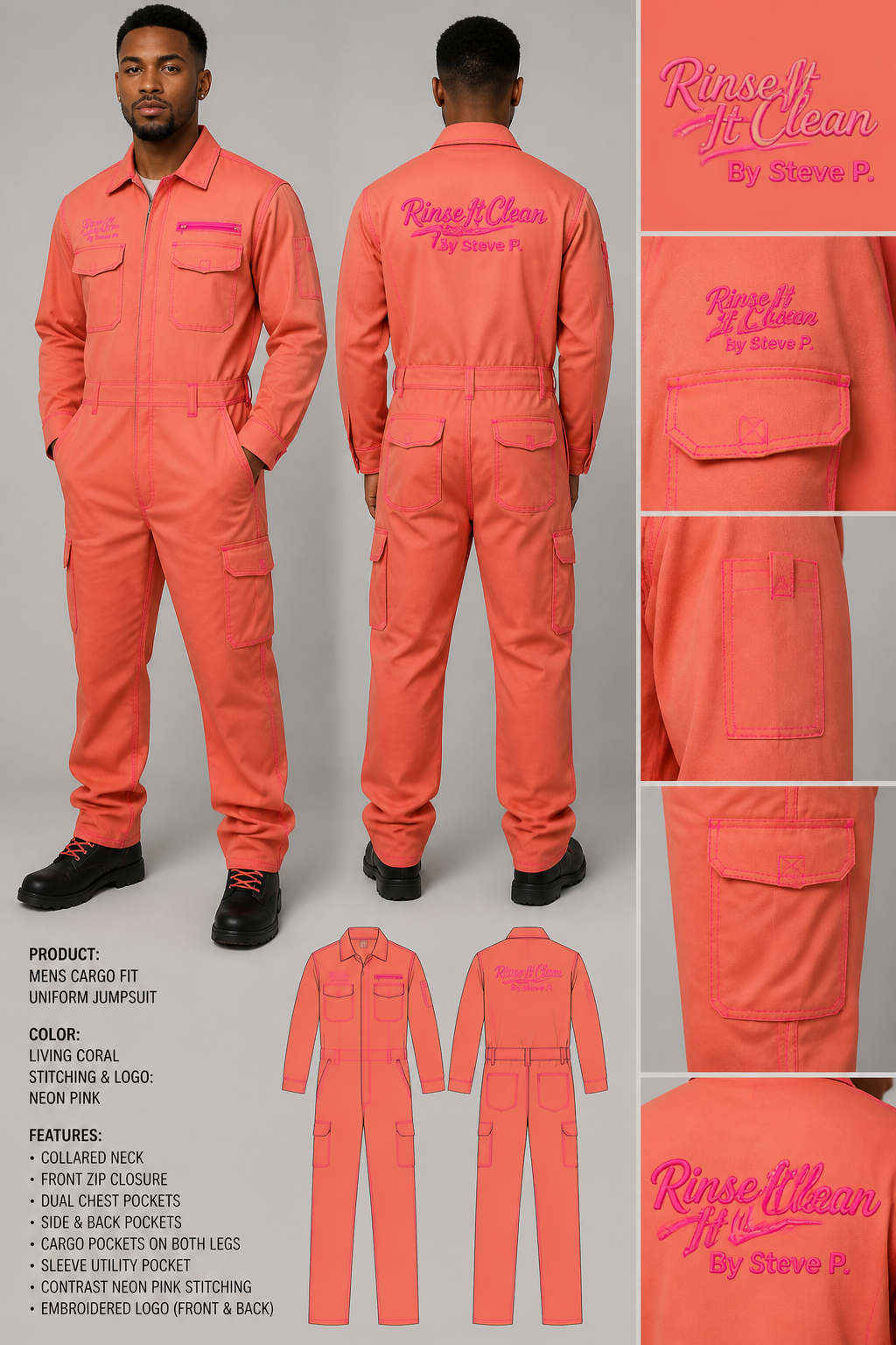 mens living coral colored cargo fit uniform jumpsuit with neon pink stitching and logo: Rinse It Clean By Steve P.
mens living coral colored cargo fit uniform jumpsuit with neon pink stitching and logo: Rinse It Clean By Steve P.