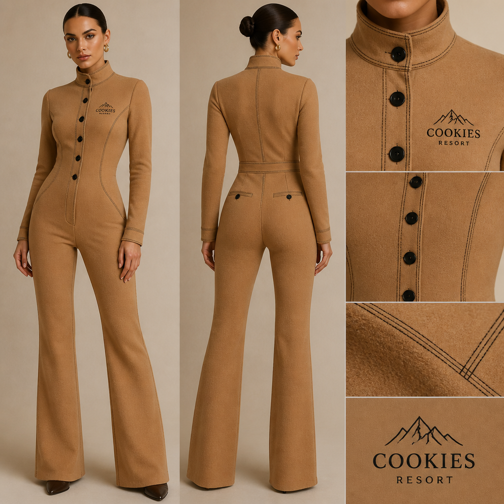 all camel warm wool long sleeve bootcut jumpsuit with cookies resort logo and black stitching, black buttons
Camel warm wool bootcut jumpsuit, long sleeve, fitted, with cookies resort logo, black stitching, black buttons.