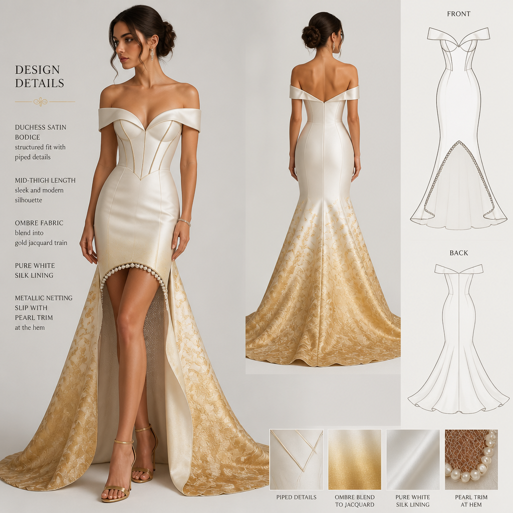 Off-the-shoulder, timeless mermaid gown with a piped chocolate-brown oyster bodice extending to mid-thigh and a gold avant-garde train starting at the knees, with a pure white inner lining like the nacre inside a clam. The slip under the dress should be of metallic netting with lines of pearls gracing the bottom of the netting. the transition from the bodice to the train should have an ombre effect to blend the fabric transition
Off-the-shoulder mermaid gown. Duchess satin bodice, mid-thigh length, with piped details. Ombre fabric blend to a gold jacquard train, knee-length. Pure white silk lining. Metallic netting slip with pearl trim at the hem.