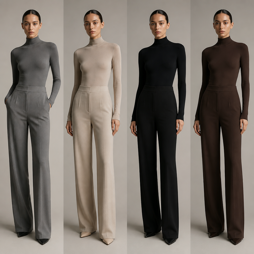 top seconde peau col montant,61 % de polyamide / 39 % d’élastane , pantalon taille haute jambe droite effet colonne, matières lisses et neutres (gris titane, beige minéral, noir graphite, chocolat)
Minimalist fashion design: Sleek high-neck second-skin top, polyamide-elastane blend. High-waisted straight-leg column pants. Smooth, neutral colors: titanium gray, mineral beige, graphite black, chocolate. Clean lines, minimalist fit.