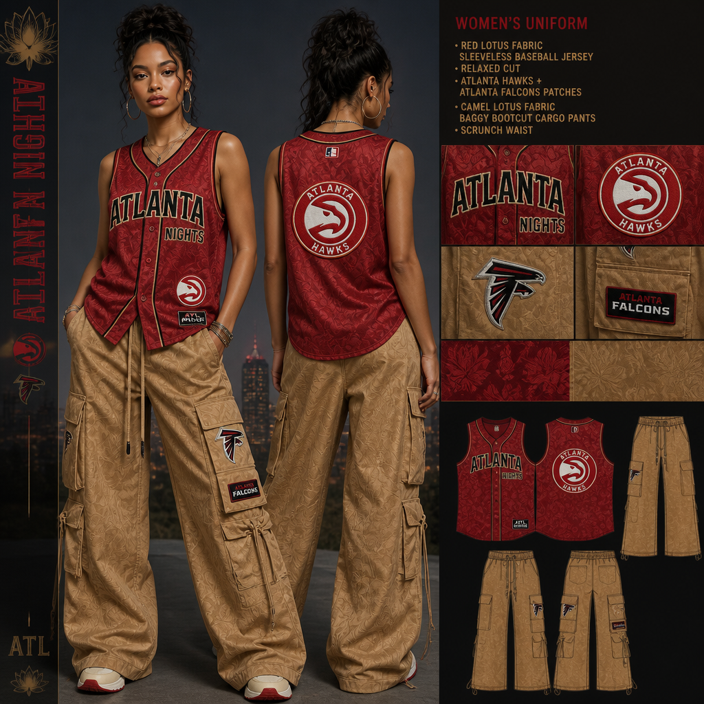 womens wait staff uniform with red sleeveless baseball jersey with company name ATLANTA NIGHTS with atlanta hawks and atlanta Falcons patches with camel baggy scrunch waist bootcut cargo pants all made of lotus fabric. Remove all flowers on the pants and shirt
Women's uniform: Red lotus fabric sleeveless baseball jersey, relaxed cut, with ATLANTA NIGHTS, Atlanta Hawks, and Atlanta Falcons patches. Camel lotus fabric baggy bootcut cargo pants with a scrunch waist.