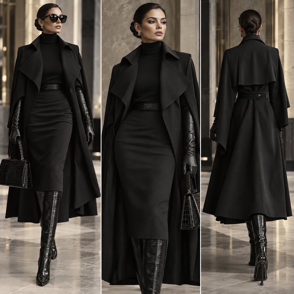 Black long sleeve turtleneck cape trench jacket with black pencil skirt and knee high black leather boots with black crocodile cap toe.
Black long sleeve turtleneck cape trench jacket with black pencil skirt and knee high black leather boots with black crocodile cap toe., haute couture style