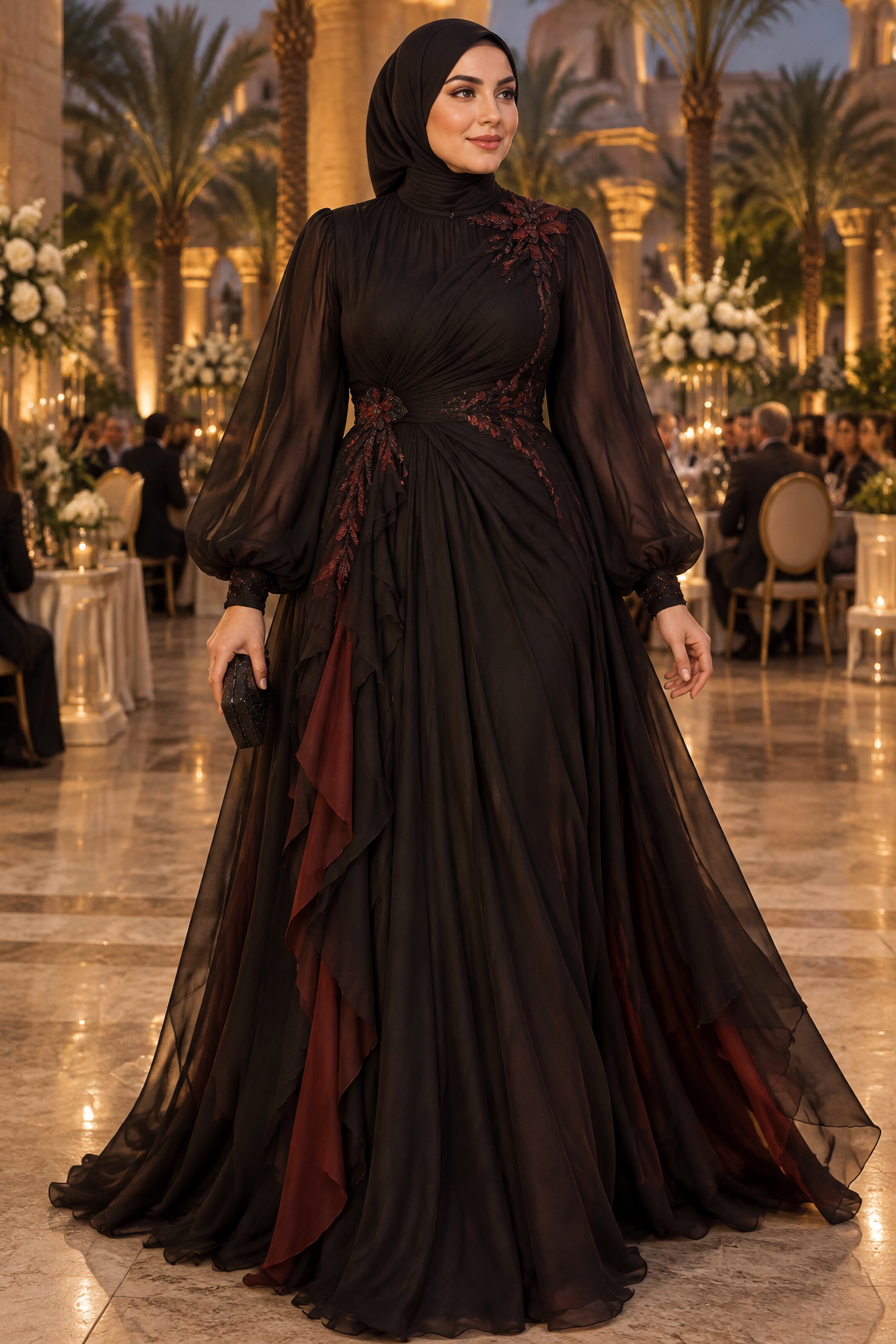 Design a one-of-a-kind couture-inspired wedding guest gown as if Dracula's wife were attending an elegant family wedding in Egypt — she must look exceptionally chic, mysterious, feminine, and unforgettable, but still completely appropriate for a real wedding.
The concept is "Dracula's wife going to a wedding," NOT a Halloween costume.
The dress should have a sophisticated black A-line silhouette, specifically designed for a curvy/full figure and a 170 cm tall woman. The shape should gently define the waist and flow elegantly over the hips, creating a flattering, elongated silhouette without being overly tight or restrictive.
The main fabric MUST be luxurious flowing black chiffon, with carefully placed deep blood-red / burgundy accents. The red should be only a subtle hint, creating an unexpected and sophisticated contrast against the black rather than becoming the dominant color.
Make the design feel ORIGINAL and custom-made — not like a typical evening gown found in a store.
Add distinctive couture details such as:
- Dramatically elegant layered chiffon
- Unexpected asymmetrical draping
- Subtle deep-red chiffon appearing underneath black layers as she moves
- An unusual but elegant sleeve design
- A beautifully defined waist without a corset
- Delicate dark floral or vine-inspired details
- Subtle burgundy embroidery or fabric accents
- A refined high neckline with an interesting architectural detail
- Flowing chiffon that creates movement while walking
The vampire inspiration should come from the silhouette, black-and-burgundy color palette, mysterious elegance, and subtle dramatic details — NOT from obvious gothic symbols.
She should look like "Dracula's wife, if she were a sophisticated modern woman attending an Egyptian wedding in 2026."
The dress MUST remain:
- Modest and hijab-friendly
- Floor length
- Long sleeved
- High neckline
- Fully covered chest, shoulders, back, and legs
- No deep neckline
- No exposed skin
- No high slit
- No transparent sections
- No corset
- No cape
Avoid anything that looks like Halloween, cosplay, fantasy costume, Victorian costume, or theatrical gothic fashion.
The final result should be breathtakingly elegant and distinctive — the kind of dress that makes people wonder where it came from because they have never seen a design quite like it before.
Make it look like a real high-fashion couture gown that could actually be worn to a sophisticated wedding in Egypt, with luxurious realistic chiffon, impeccable tailoring, natural proportions, and elegant movement.
If a reference photo is provided, preserve the woman's actual face, skin tone, body proportions, and overall appearance. Do not change her identity or make her unnaturally slimmer.Edit the dress: remove the corset/bodice structure from the upper bodice area, replace it with a soft, flowing fitted top that blends naturally with the rest of the dress. Redesign the sleeves into a romantic style — options: puffed sheer sleeves, bishop sleeves, or off-shoulder flutter sleeves with delicate fabric folds. Keep the overall silhouette elegant, maintain the original color, fabric texture, and skirt design unchanged. Style: soft, feminine, romantic bridal/evening wear aesthetic. High detail, realistic fabric draping, natural lighting.
Design a one-of-a-kind couture-inspired wedding guest gown as if Dracula's wife were attending an elegant family wedding in Egypt — she must look exceptionally chic, mysterious, feminine, and unforgettable, but still completely appropriate for a real wedding.
The concept is "Dracula's wife going to a wedding," NOT a Halloween costume.
The dress should have a sophisticated black A-line silhouette, specifically designed for a curvy/full figure and a 170 cm tall woman. The shape should gently define the waist and flow elegantly over the hips, creating a flattering, elongated silhouette without being overly tight or restrictive.
The main fabric MUST be luxurious flowing black chiffon, with carefully placed deep blood-red / burgundy accents. The red should be only a subtle hint, creating an unexpected and sophisticated contrast against the black rather than becoming the dominant color.
Make the design feel ORIGINAL and custom-made — not like a typical evening gown found in a store.
Add distinctive couture details such as:
- Dramatically elegant layered chiffon
- Unexpected asymmetrical draping
- Subtle deep-red chiffon appearing underneath black layers as she moves
- An unusual but elegant sleeve design
- A beautifully defined waist without a corset
- Delicate dark floral or vine-inspired details
- Subtle burgundy embroidery or fabric accents
- A refined high neckline with an interesting architectural detail
- Flowing chiffon that creates movement while walking
The vampire inspiration should come from the silhouette, black-and-burgundy color palette, mysterious elegance, and subtle dramatic details — NOT from obvious gothic symbols.
She should look like "Dracula's wife, if she were a sophisticated modern woman attending an Egyptian wedding in 2026."
The dress MUST remain:
- Modest and hijab-friendly
- Floor length
- Long sleeved
- High neckline
- Fully covered chest, shoulders, back, and legs
- No deep neckline
- No exposed skin
- No high slit
- No transparent sections
- No corset
- No cape
Avoid anything that looks like Halloween, cosplay, fantasy costume, Victorian costume, or theatrical gothic fashion.
The final result should be breathtakingly elegant and distinctive — the kind of dress that makes people wonder where it came from because they have never seen a design quite like it before.
Make it look like a real high-fashion couture gown that could actually be worn to a sophisticated wedding in Egypt, with luxurious realistic chiffon, impeccable tailoring, natural proportions, and elegant movement.
If a reference photo is provided, preserve the woman's actual face, skin tone, body proportions, and overall appearance. Do not change her identity or make her unnaturally slimmer.Edit the dress: remove the corset/bodice structure from the upper bodice area, replace it with a soft, flowing fitted top that blends naturally with the rest of the dress. Redesign the sleeves into a romantic style — options: puffed sheer sleeves, bishop sleeves, or off-shoulder flutter sleeves with delicate fabric folds. Keep the overall silhouette elegant, maintain the original color, fabric texture, and skirt design unchanged. Style: soft, feminine, romantic bridal/evening wear aesthetic. High detail, realistic fabric draping, natural lighting., evening wear style