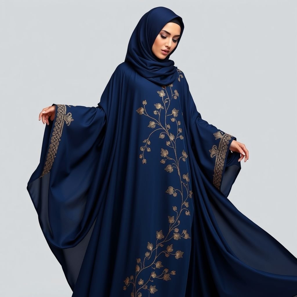 Arab women's abaya design
Flowing silhouette of an abaya, rich midnight blue silk drapes elegantly. Intricate gold embroidery cascades from shoulders to hem, resembling delicate vine patterns. Long, billowing sleeves with ornate cuffs. A matching hijab frames the face, adorned with subtle sequins. Exquisite craftsmanship, combining tradition with modern elegance, radiating sophistication and grace.