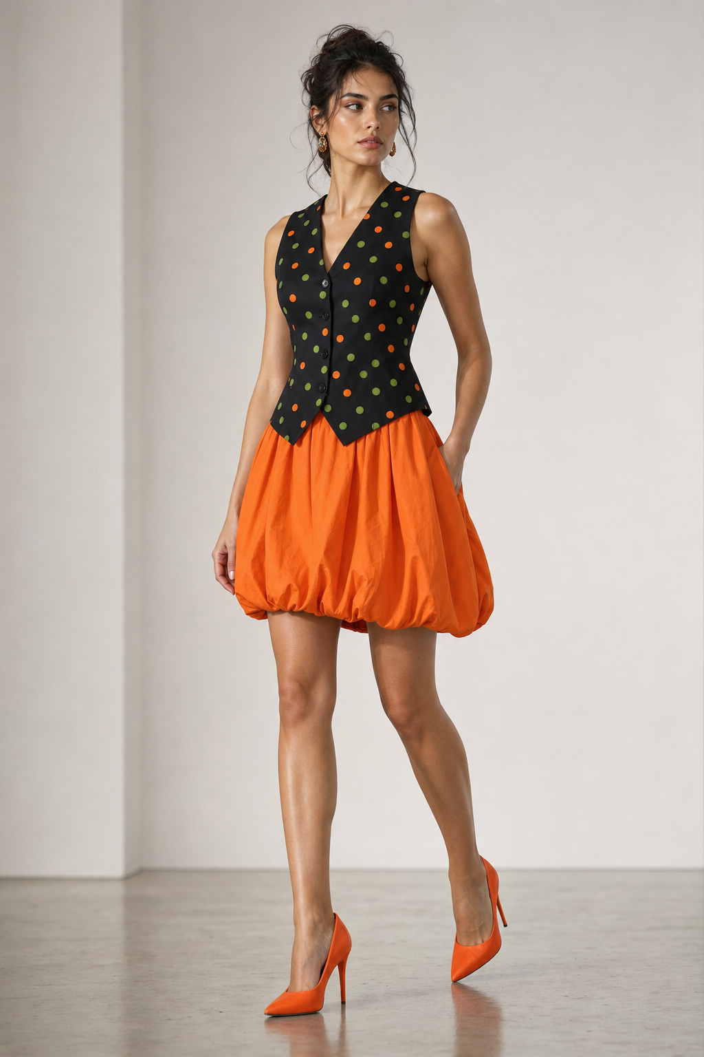 Black tight sleeveless vest with green and orange pokadots and black buttons. Orange bubble hem skirt. Orange high heel.
Contemporary fashion design: Black cotton sleeveless vest, slim fit, with green and orange polka dots. Orange cotton bubble hem skirt. Orange high heels.