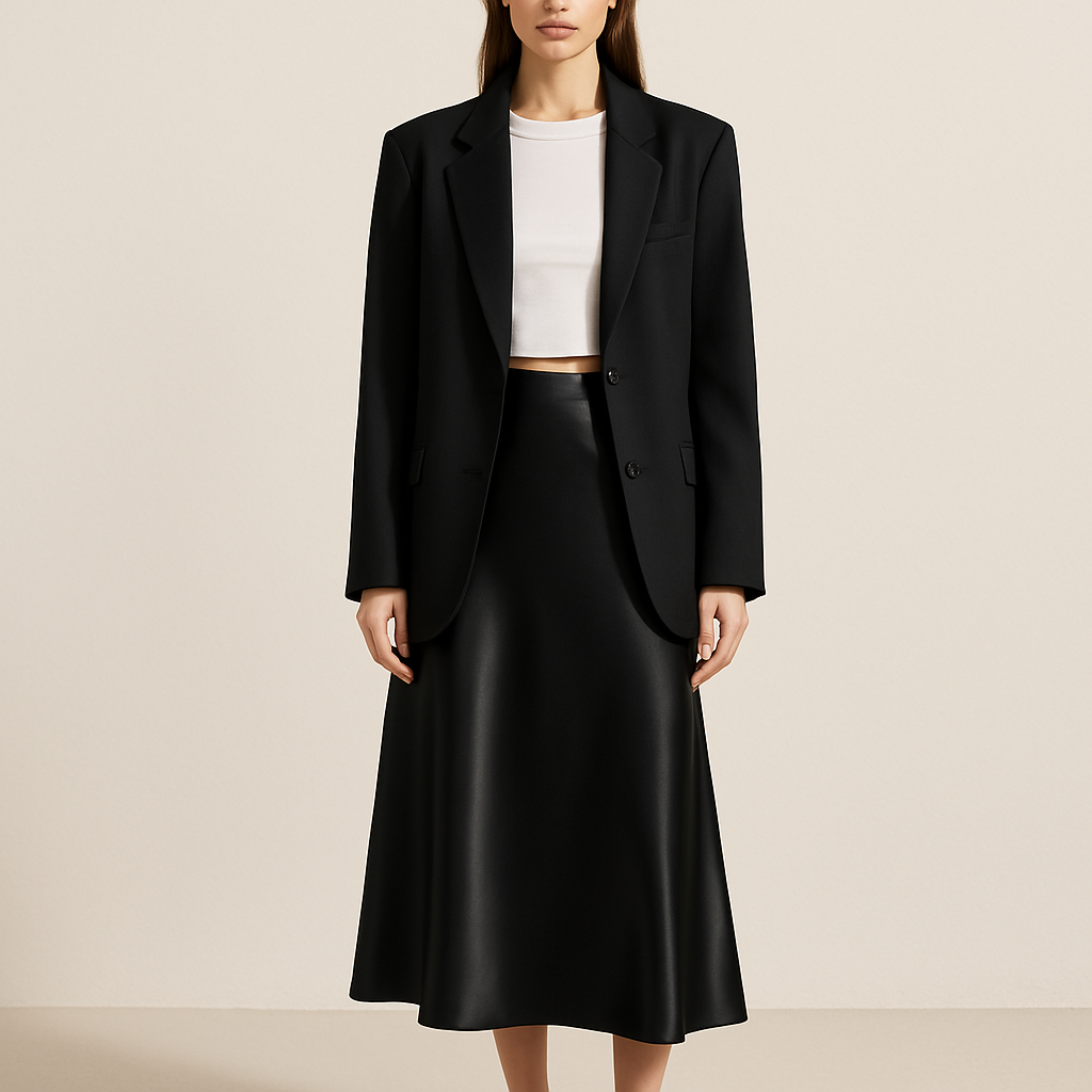 Full-body fashion photo of a realistic natural female model. She wears a silky jet black satin midi skirt (no pockets, no seams, no extra details), a fitted white slim crop t-shirt, and a tailored oversized black blazer. The satin skirt should appear smooth, fluid, and shiny like real luxury fabric. The model’s look is styled as a total look outfit, elegant and minimal. Show the complete figure head to toe, do not crop. Natural makeup, simple hairstyle, authentic posing. Neutral clean background, bright daylight, high-quality fashion photography, realistic textures.
Full-body fashion photo of a realistic natural female model. She wears a silky jet black satin midi skirt, A-line cut; a fitted white slim crop t-shirt; and a tailored oversized black blazer. The satin skirt should appear smooth, fluid, and shiny. The model’s look is an elegant, minimal total outfit. Show the complete figure head to toe. Natural makeup, simple hairstyle, authentic posing. Neutral clean background, bright daylight, high-quality fashion photography, realistic textures.