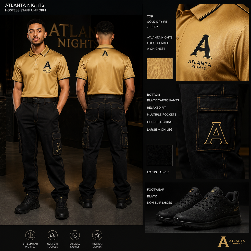 mens hostess staff uniform with gold dry fit jersey with ATLANTA NIGHTS business logo tucked in with black cargo fit pants with multiple pockets and relaxed and gold stitching, streetwear inspired and black non-slip shoes. The uniform is made of lotus fabric. Remove the lotus symbol from the uniform and add large letter A on jersey and pants
Men's hostess staff uniform: gold dry-fit jersey, tucked, with "ATLANTA NIGHTS" logo and large "A" on chest. Black cargo pants, relaxed fit, multiple pockets, gold stitching, and large "A" on leg. Lotus fabric. Black non-slip shoes. Streetwear inspired.