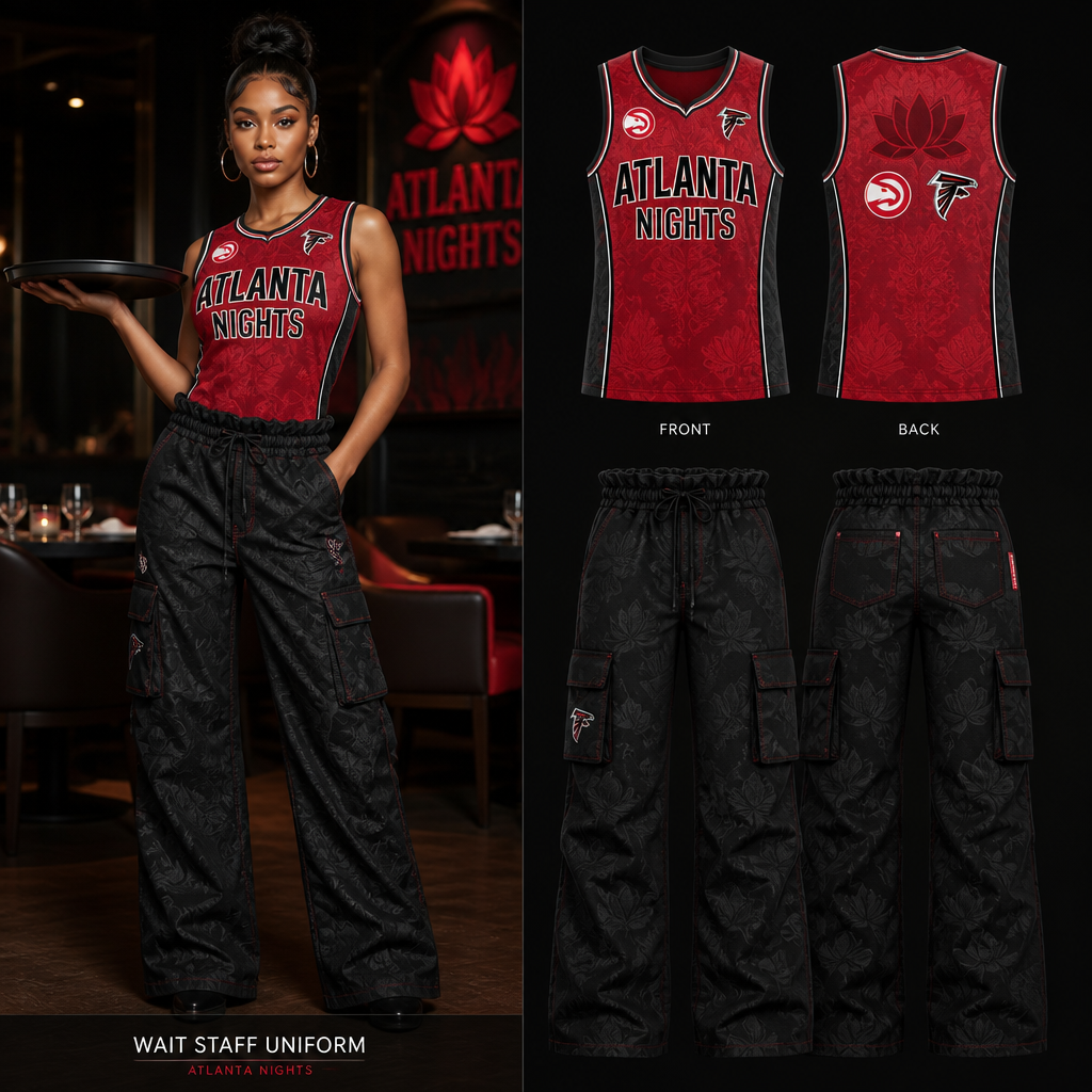 womens wait staff uniform with red sleeveless basketball fitted jersey with company name ATLANTA NIGHTS with atlanta hawks and atlanta Falcons patches with black baggy scrunch waist bootcut cargo pants all made of lotus fabric
Women's wait staff uniform: Red lotus fabric sleeveless, fitted basketball jersey with "ATLANTA NIGHTS" text, Atlanta Hawks and Atlanta Falcons patches. Paired with black lotus fabric baggy, scrunch waist, bootcut cargo pants.