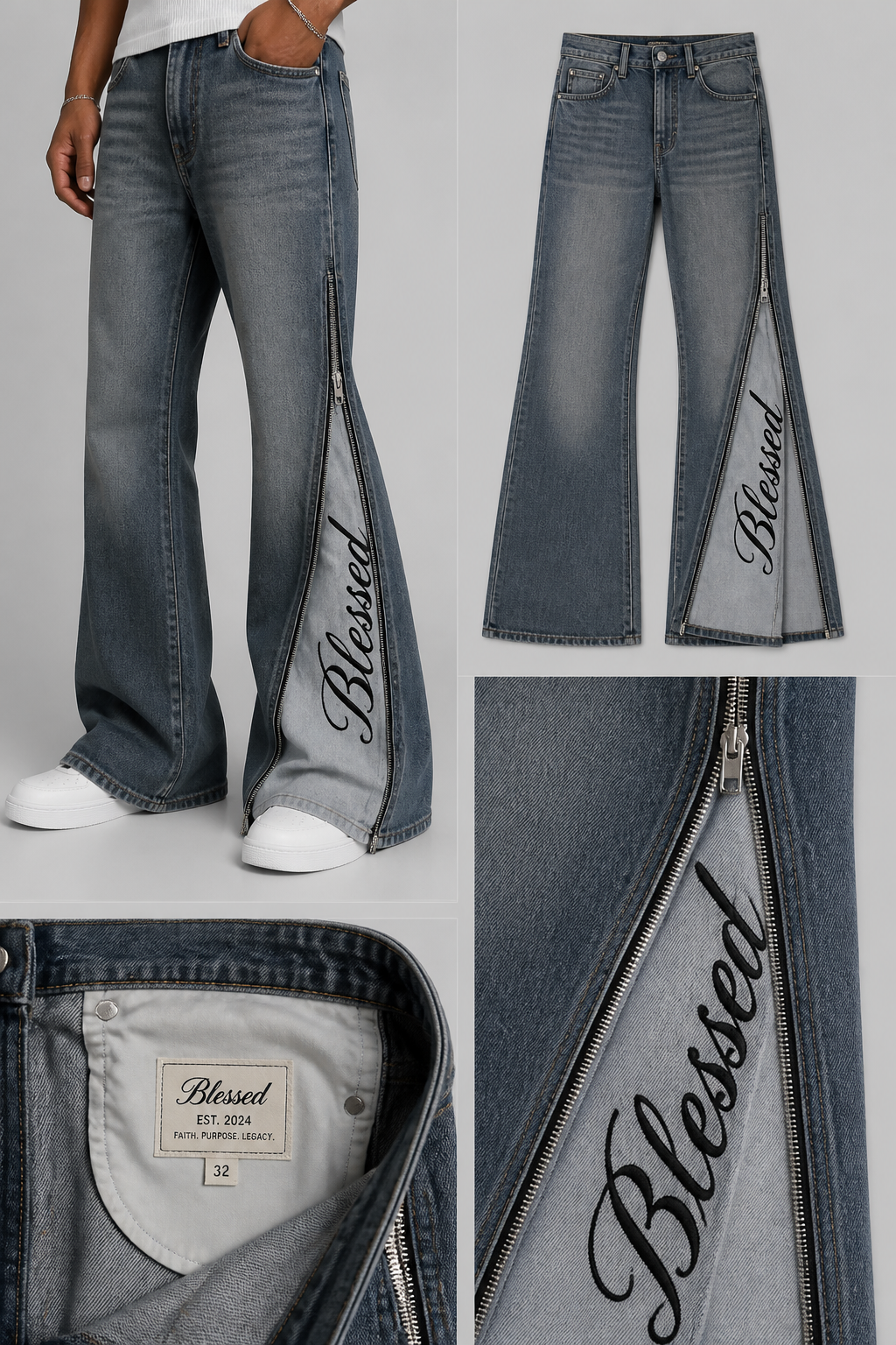 Men's blue-grey flared jeans featuring a side zipper that opens in the style of the Diesel model, with the distinction that the word "Blessed" is inscribed horizontally along the opening in black cursive script; the fabric revealed when the zipper is open must be a slightly lighter shade than the jeans themselves. There must be a label inside the pockets.
Men's blue-grey flared jeans featuring a side zipper that opens in the style of the Diesel model, with the distinction that the word "Blessed" is inscribed horizontally along the opening in black cursive script; the fabric revealed when the zipper is open must be a slightly lighter shade than the jeans themselves. There must be a label inside the pockets.