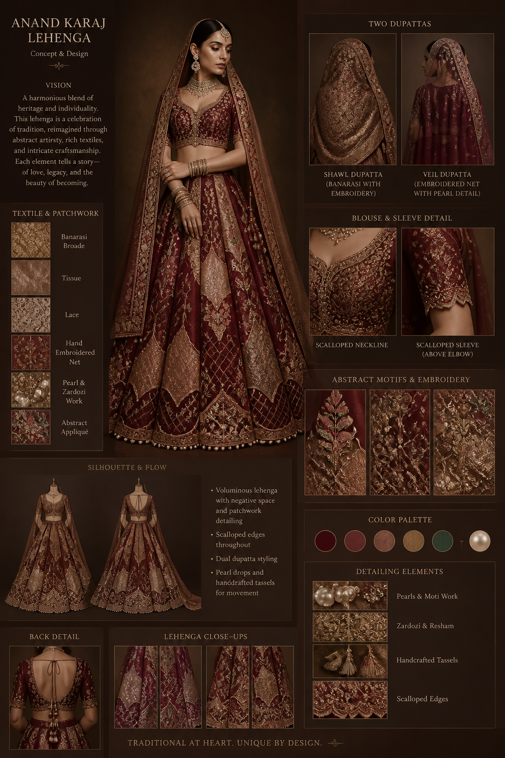 I am working on designing my wedding lengha for my Anand Karaj. I want something unique that no one else has. I need your help designing as I like different elements from different types of outfits. I like when the lengha bottom has negative space . I want my lengha to be dark red with accents of colour, I like patch work (tissue, lace, banarsi, etc), abstract work, and I want two dupattas (one as a shawl, and one as a veil). Here are some designers I like: Navneett & Arpan, White Lily by Navneet Sidhu, Akriti Ritika, House of Agaaz, Hanut Paul, House of Shahan India, Marwar Couture, and Asiana Couture. I want sleeves above my elbows and I want them scalloped. I want my shawl to also be banarsi with embroidery. Here is a bunch of inspo pictures. I don’t want dull gold embroidery. I like pearls too, but I’m not sure if it will look good. I want to create a traditional, yet unique outfit that no one else has. If there’s any other information you need from me, let me know. I need help visualizing what I like.
I am working on designing my wedding lengha for my Anand Karaj. I want something unique that no one else has. I need your help designing as I like different elements from different types of outfits. I like when the lengha bottom has negative space . I want my lengha to be dark red with accents of colour, I like patch work (tissue, lace, banarsi, etc), abstract work, and I want two dupattas (one as a shawl, and one as a veil). Here are some designers I like: Navneett & Arpan, White Lily by Navneet Sidhu, Akriti Ritika, House of Agaaz, Hanut Paul, House of Shahan India, Marwar Couture, and Asiana Couture. I want sleeves above my elbows and I want them scalloped. I want my shawl to also be banarsi with embroidery. Here is a bunch of inspo pictures. I don’t want dull gold embroidery. I like pearls too, but I’m not sure if it will look good. I want to create a traditional, yet unique outfit that no one else has. If there’s any other information you need from me, let me know. I need help visualizing what I like., ethnic style