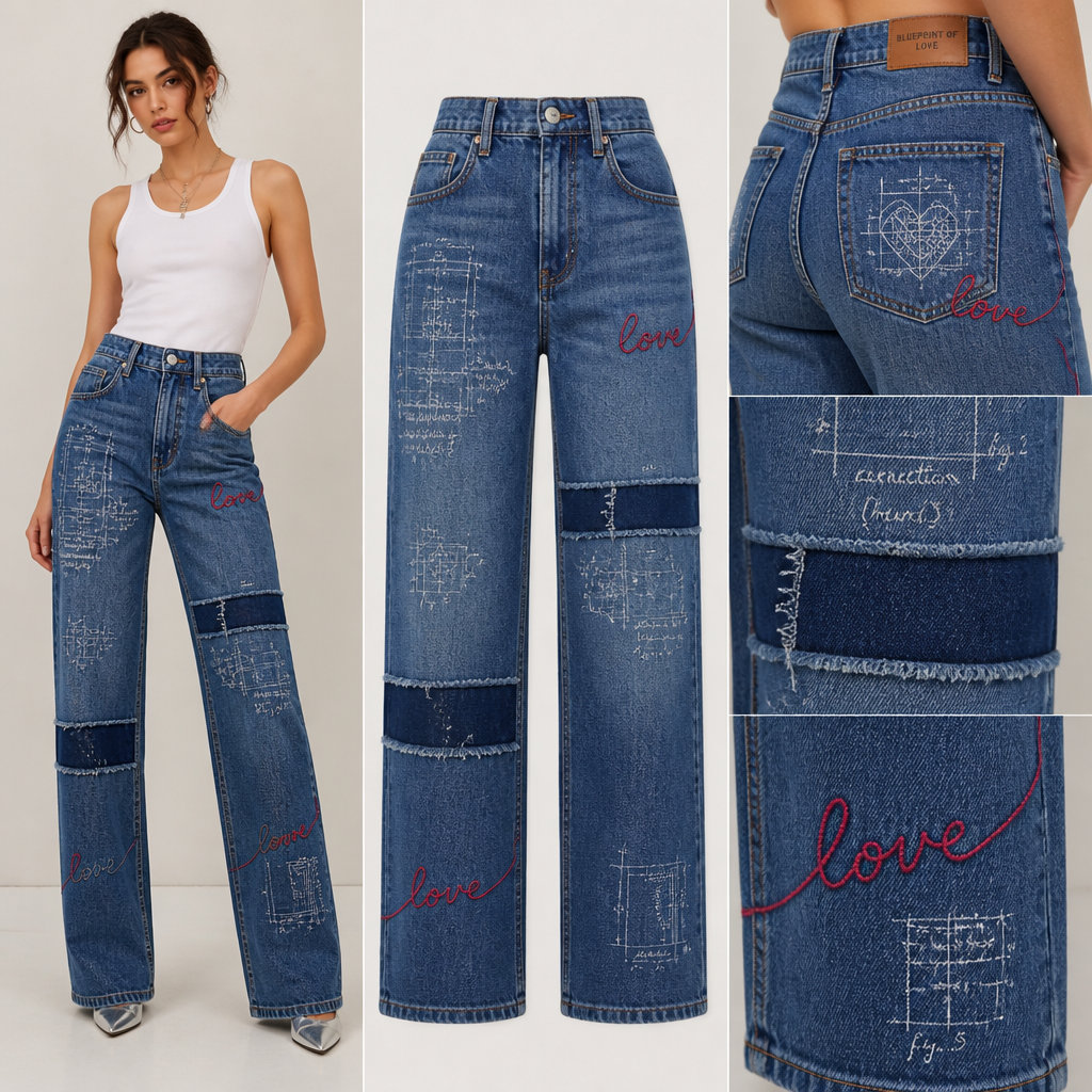 women's blue jeans with buttons, include white embroidery that says blueprint, red embroidery that says love, with horizontal jean patches
Women's blue denim jeans, straight cut, high-waisted silhouette. Features white "blueprint" embroidery, red "love" embroidery. Horizontal denim patches.