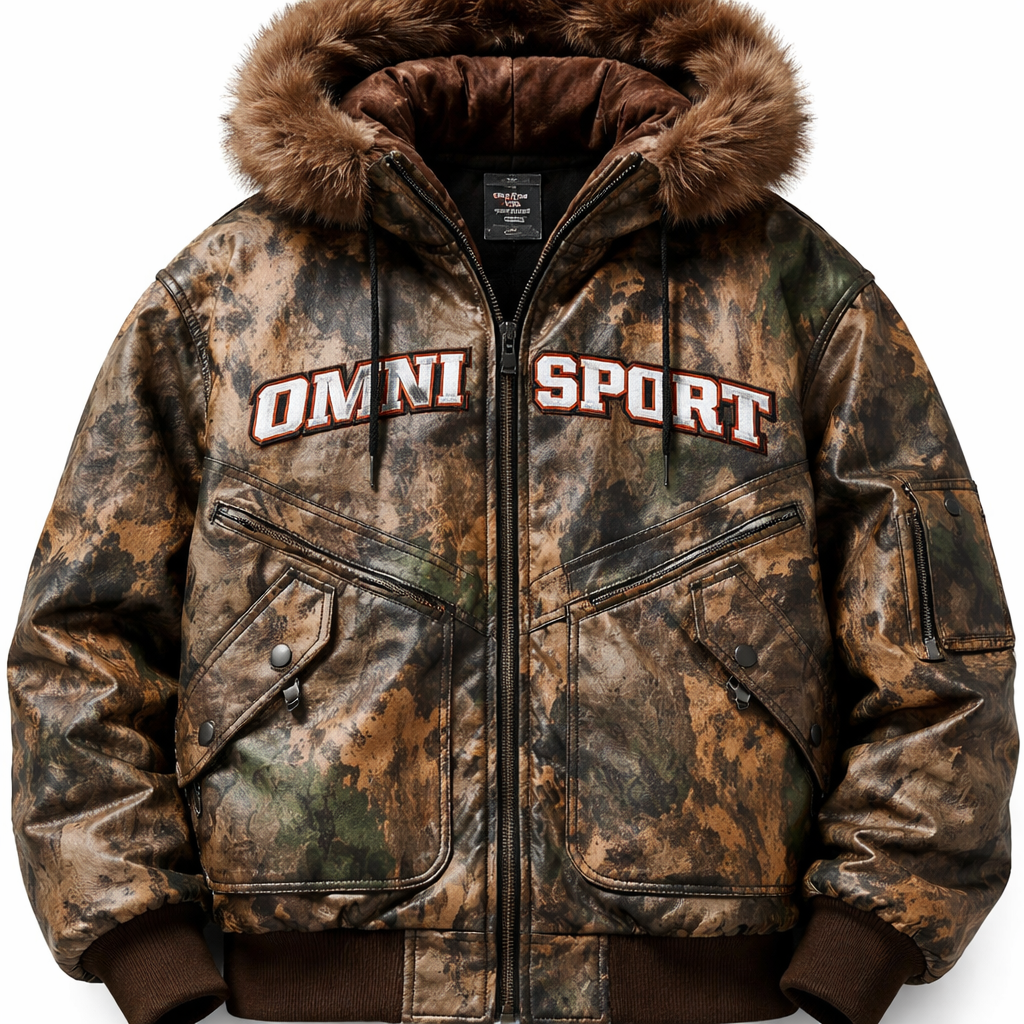 The name of my brand is Omni Sport, it create a leather real tree camo jacket with a brown fur hood
Streetwear fashion design: **Omni Sport real tree camo leather jacket with a brown fur-lined hood. Baggy fit, thick cotton ribbed cuffs and hem. Large, angular front pockets. Black hardware. Distressed leather finish.**