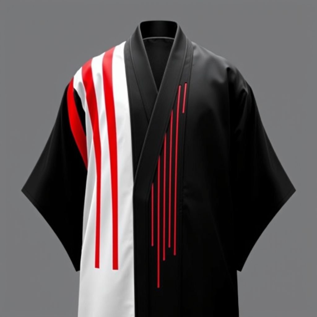 Design a men's kimono with a futuristic, minimalist aesthetic. On one side of the kimono, feature vertical lines in varying widths and lengths, randomly placed in red, creating a dynamic and fluid pattern. The other side should remain clean and simple, maintaining a sleek, modern silhouette. The base color should be black, with the red lines adding contrast and energy to one side. The overall design should combine a modern, shamanic feel, blending tradition with innovation, and evoke both spiritual and futuristic elements."

A men's kimono, sleek and black, embodies a futuristic, minimalist aesthetic. One side showcases dynamic red vertical lines, varying widths and lengths, offering a striking contrast. The opposite side remains pristine and unadorned, emphasizing simplicity. The fusion of modern and shamanic elements evokes a seamless blend of tradition and avant-garde innovation.