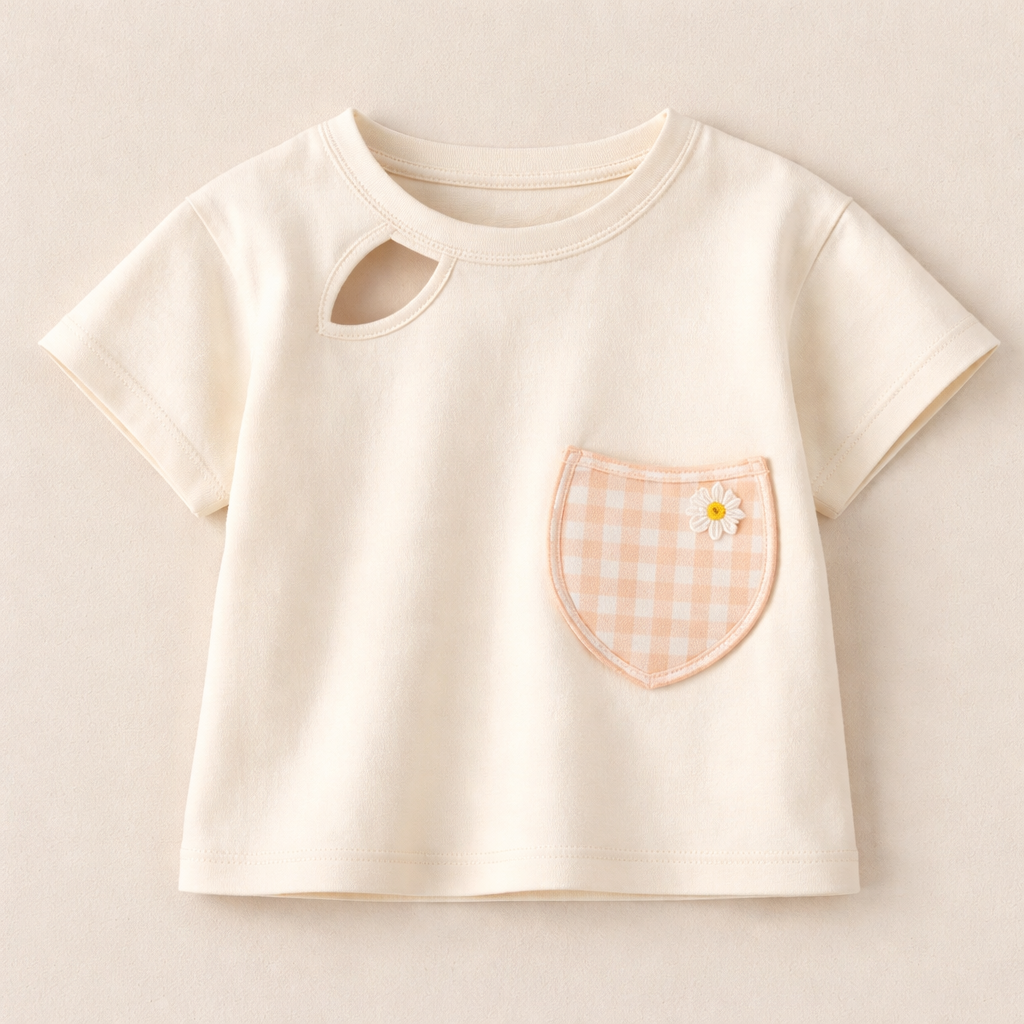 sweet shirt for girl with acut in the left side and apocket with acool shape in the right size
Ready To Wear fashion design: Girl's cotton t-shirt with a small cut-out on the left, and a unique-shaped patch pocket on the right. Relaxed fit.