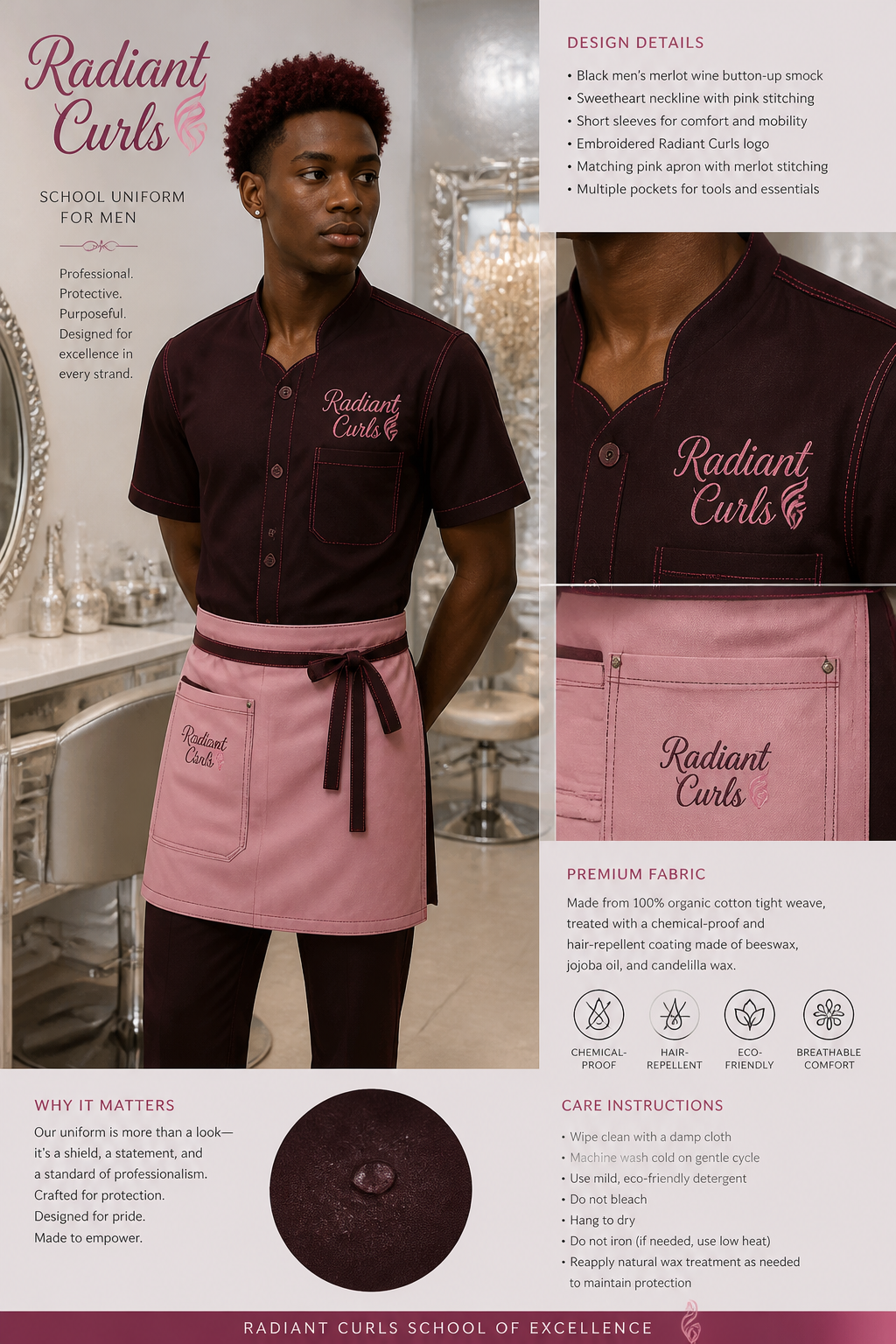 Black men's Merlot wine hair school uniform button-up smock with extra pink stitching and sweetheart neckline. Include logo: Radiant Curls. Include a pink-colored apron with Merlot wine stitching. Spa decor should be silver and pearl. Uniform fabric should be 100% organic cotton tight weave treated with a chemical-proof and hair-repellent coating made of beeswax, jojoba oil, and candelilla wax.
Black men's Merlot wine hair school uniform button-up smock with extra pink stitching and sweetheart neckline. Include logo: Radiant Curls. Include a pink-colored apron with Merlot wine stitching. Spa decor should be silver and pearl. Uniform fabric should be 100% organic cotton tight weave treated with a chemical-proof and hair-repellent coating made of beeswax, jojoba oil, and candelilla wax.