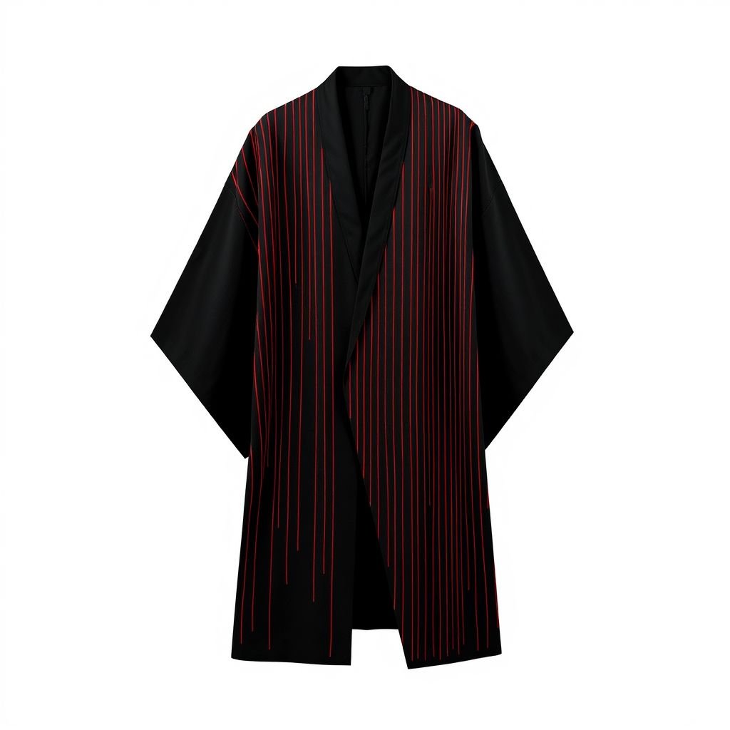 Design a men's kimono with a futuristic, minimalist aesthetic. On one side of the kimono, feature vertical lines in varying widths and lengths, randomly placed in red, creating a dynamic and fluid pattern. The other side should remain clean and simple, maintaining a sleek, modern silhouette. The base color should be black, with the red lines adding contrast and energy to one side. The overall design should combine a modern, shamanic feel, blending tradition with innovation, and evoke both spiritual and futuristic elements."

Men's kimono, sleek black canvas, one side adorned with vibrant red vertical lines, varying widths and lengths, creating an avant-garde interplay of energy and movement. The opposite side, minimalistic and pristine, complements the dynamic design. Harmonious fusion of modern aesthetics and shamanic influences, encapsulating spirituality within a futuristic realm.
