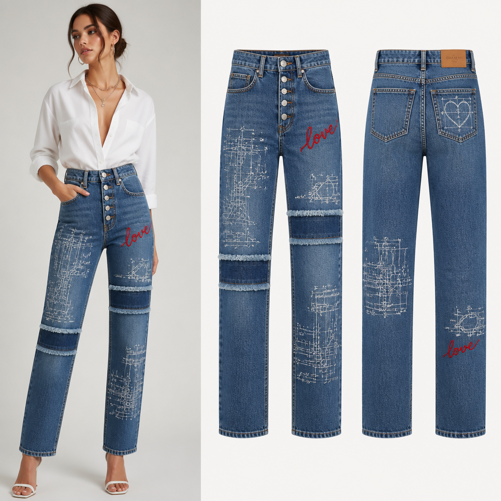 women's blue jeans with buttons, white embroidery that says blueprint, red embroidery that says love, with horizontal jean patches
Women's blue denim jeans, straight cut, high waist silhouette, with front buttons, white 'blueprint' embroidery, red 'love' embroidery, and horizontal denim patches.