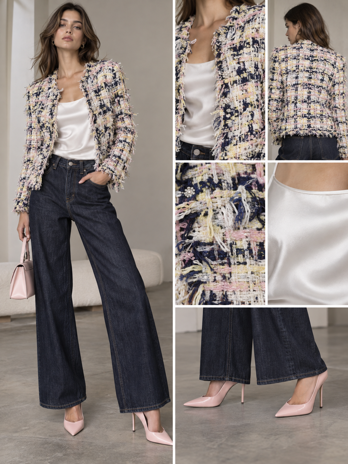 frayed Navy and frayed white and frayed light yellow and light pink frayed tweed all over frayed tweed all over jacket with white satin tank top. Dark loose fitted jeans. Light pink high heel
frayed Navy and frayed white and frayed light yellow and light pink frayed tweed all over frayed tweed all over jacket with white satin tank top. Dark loose fitted jeans. Light pink high heel, contemporary style