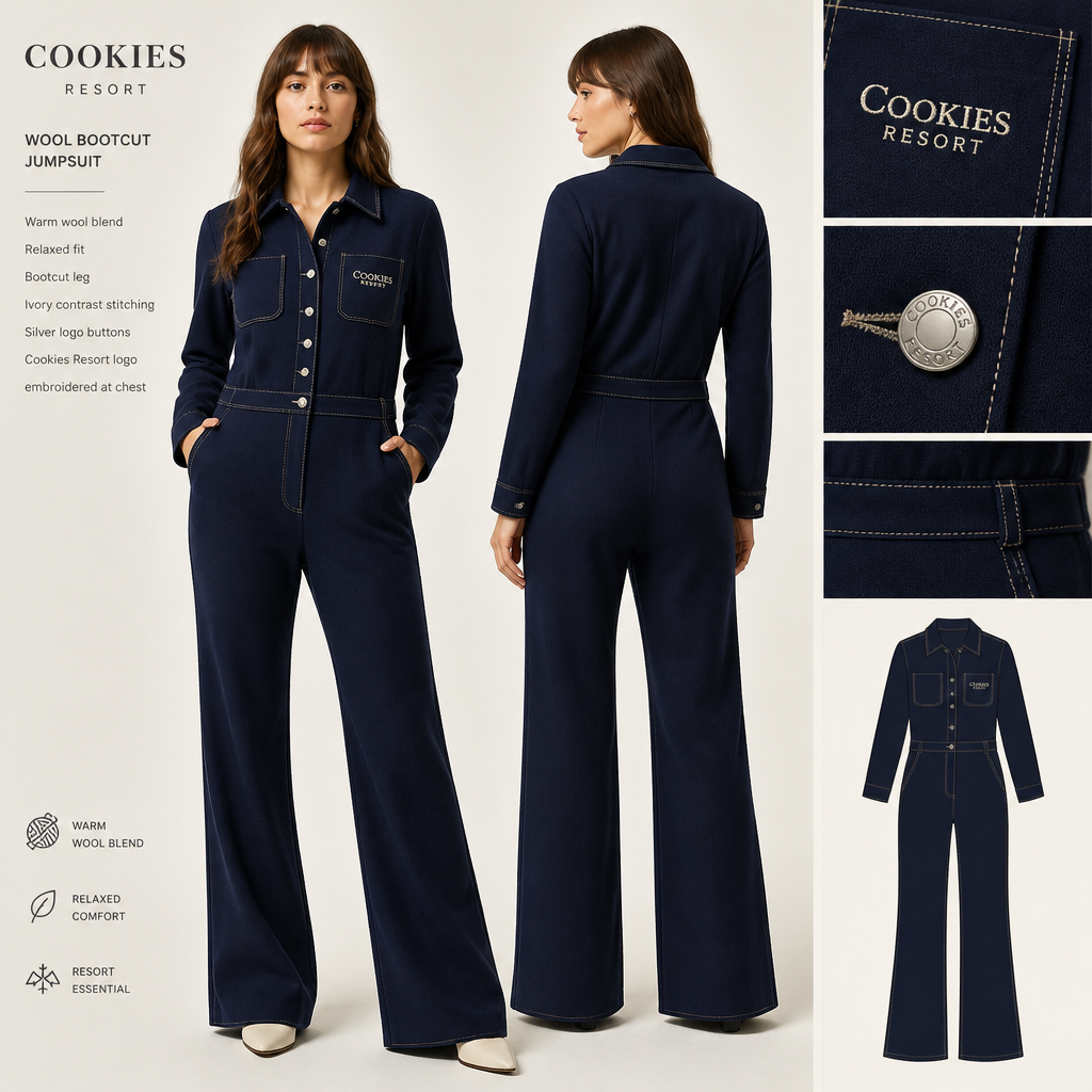 all navy blue warm wool long sleeve bootcut jumpsuit with cookies resort logo and ivory stitching, silver buttons, not jean like
Navy blue warm wool bootcut jumpsuit with long sleeves, relaxed fit. Features cookies resort logo and ivory stitching. Silver buttons, not denim.