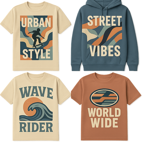 Create a variety of streetwear-style t-shirt and hoodie graphics and logos, featuring bold, trendy designs inspired by
 surf vibes and urban lifestyle. Include abstract patterns, oversized typography, retro logos, subtle animal motifs like seagulls, waves, sunsets, skaters, or cars. Designs should be youthful, casual, and edgy, suitable for screen printing on apparel. Use muted pastels, washed denim blues, and earth tones, with clean lines and modern style. Vector-ready, high-detail, wearable streetwear aesthetic logos, including novry