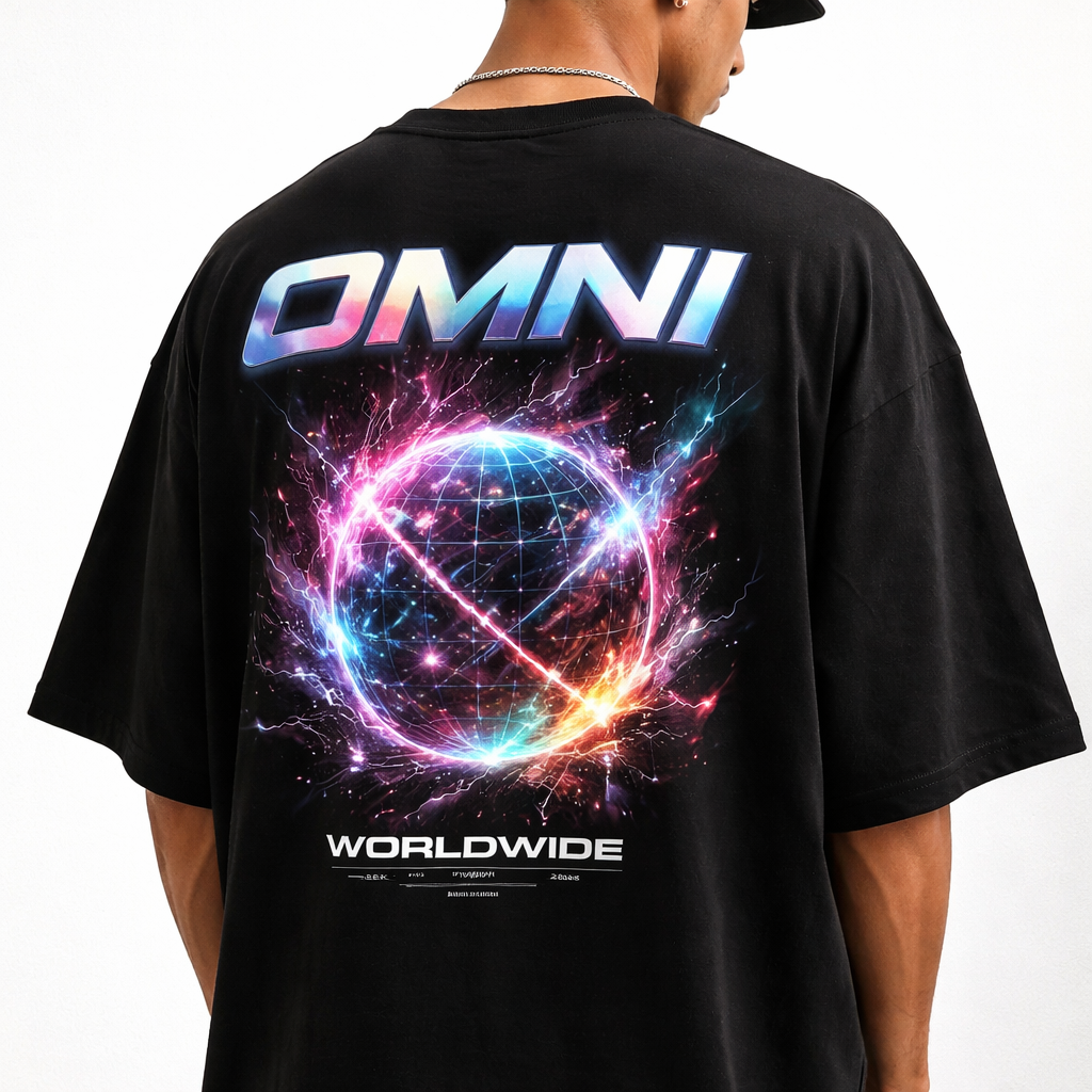 The name of my brand is Omni, it create a cool t shirt for the summer
Streetwear fashion design: Omni oversized cotton t-shirt, drop shoulder, black, with a bold graphic print on the back, relaxed fit for summer.