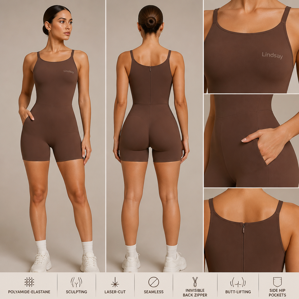 combinaison short long marron qui arrive 2cm au dessus des genoux, matiere 76 % de polyamide / 24 % d’élastane , scultante , col rond , bride de 2cm de largeur , ventre gainant et short taille haute en flare , fessier galbant et push up, toute la combinaison est coupée au laser sans couture , tirette à l'arrière est invisible , la marque est ecrit en bas cote droit "Lindsay" en tout petit rafinnée marron , poche sur le cote des hanches
Brown polyamide-elastane long shorts jumpsuit. Sculpting, round neck, 2cm straps. High-waisted flare shorts, butt-lifting. Laser-cut, seamless. Invisible back zipper. Small "Lindsay" logo. Side hip pockets.
