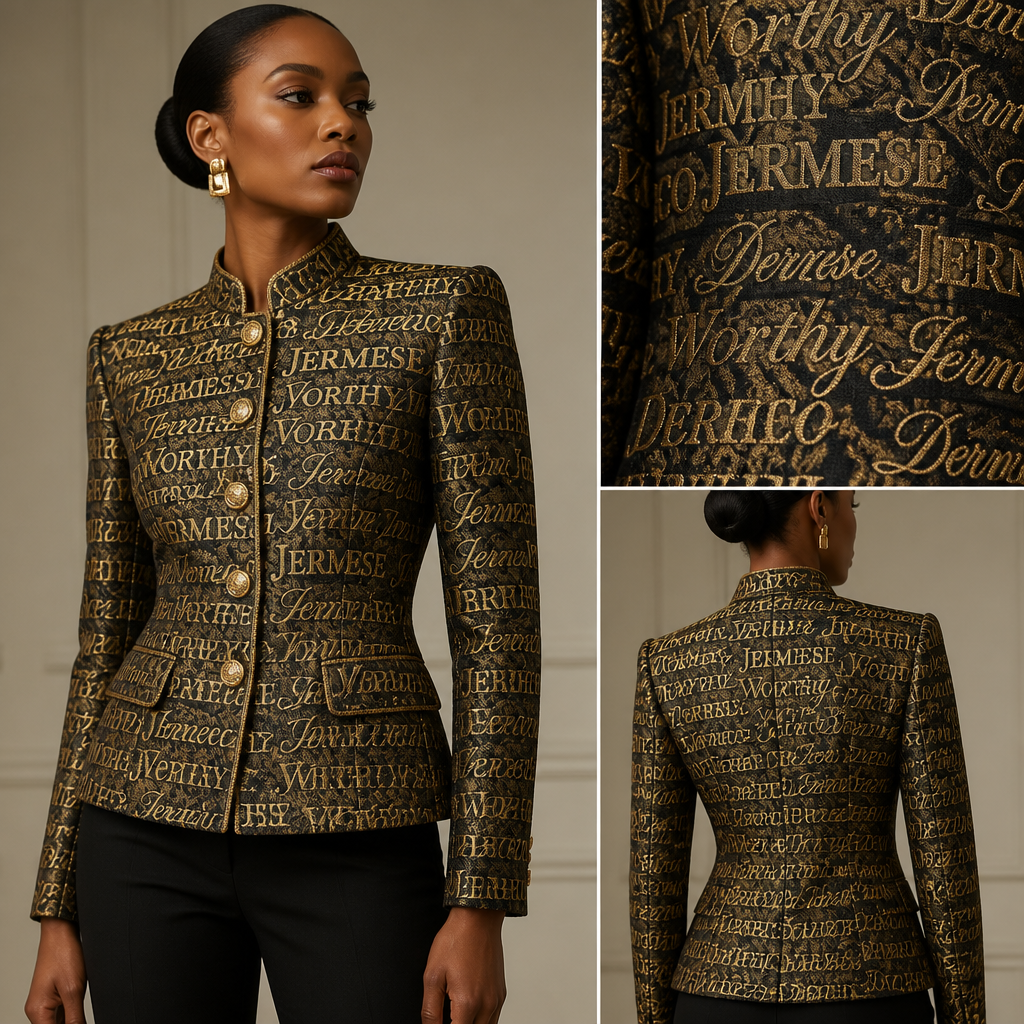 family names Worthy, Jermese, and Derrico engraved on a wooden chest
This women's structured jacket, in a brocade fabric, features straight lines and a tailored cut. The pattern incorporates the names Worthy, Jermese, and Derrico as an all-over motif.