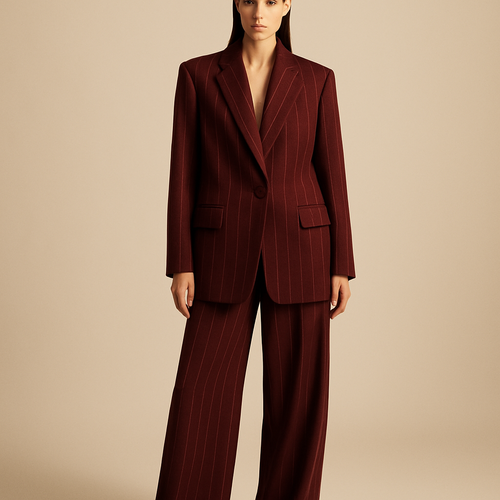Full body shot of a female model wearing a bordeaux wool oversized blazer and matching palazzo pants, fabric with thin vertical white pinstripes exactly like the reference, soft and luxurious wool texture, single button in same fabric color (no black buttons), two flap pockets on blazer, minimal high fashion editorial style, neutral background, luxury lighting, elegant and powerful mood.”