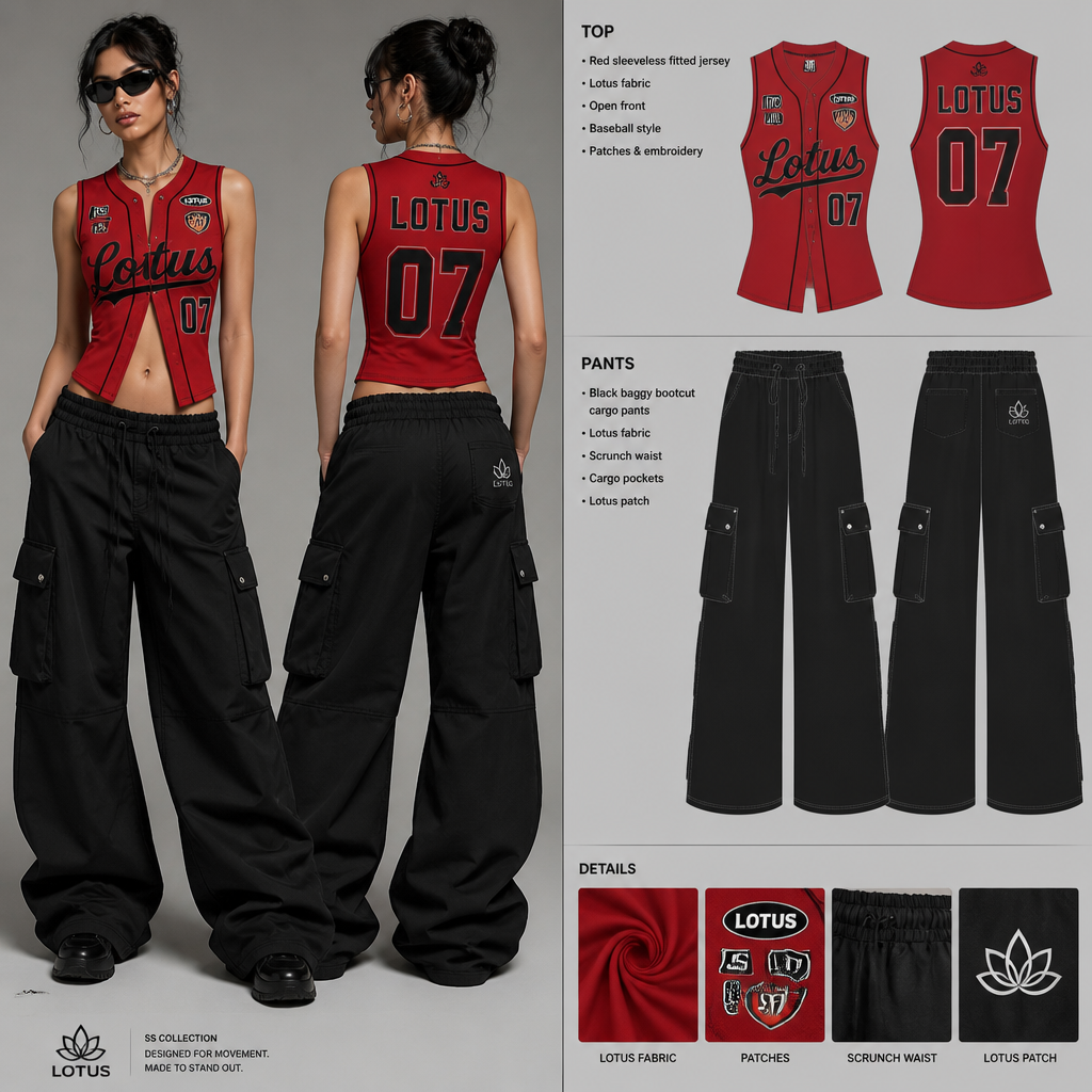 womens wait staff uniform with red sleeveless open baseball fitted jersey with company name ATLANTA NIGHTS with atlanta hawks and atlanta Falcons patches with black baggy scrunch waist bootcut cargo pants all made of lotus fabric
**Red sleeveless fitted jersey** in lotus fabric with open front, baseball-style, company name, and sports patches. **Black baggy bootcut cargo pants** in lotus fabric with scrunch waist.
