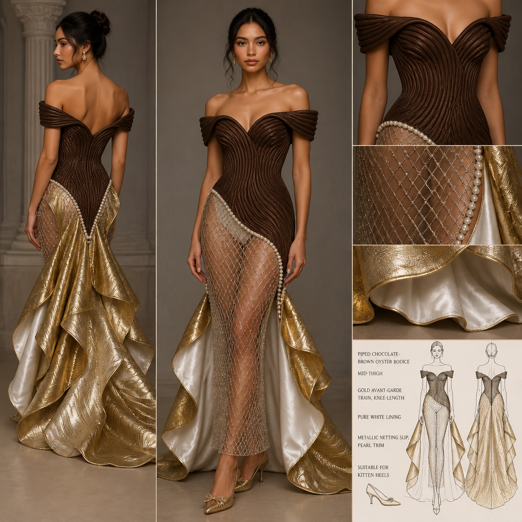 Off-the-shoulder, timeless mermaid gown with a piped chocolate-brown oyster bodice extending to mid-thigh and a gold avant-garde train starting at the knees, with a pure white inner lining like the nacre inside a clam. The slip under the dress should be of metallic netting with lines of pearls gracing the bottom of the netting. The dress should also be appropriate for walking in kitten heels
Mermaid gown, off-the-shoulder, fitted silhouette. Piped chocolate-brown oyster bodice, mid-thigh. Gold avant-garde train, knee-length. Pure white lining. Metallic netting slip, pearl trim. Suitable for kitten heels.