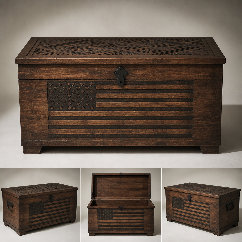 brown wooden chest with black american heritage flag engraved
Brown wooden chest with black American Heritage flag engraved; a straight-cut, boxy silhouette wooden top with carved pattern.