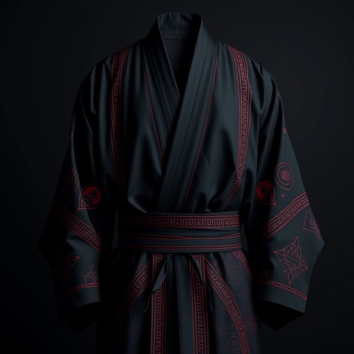 Design a men's kimono with a futuristic, minimalist aesthetic. Incorporate vertical lines and subtle red accents for contrast, creating a sleek, modern look. The kimono should have a shamanic, futuristic vibe, blending geometric shapes and spiritual symbolism. The base color should be black, with the red accents adding a sophisticated touch of color and depth. The design should evoke both tradition and innovation, combining ancient spiritual elements with a cutting-edge, technological feel."

