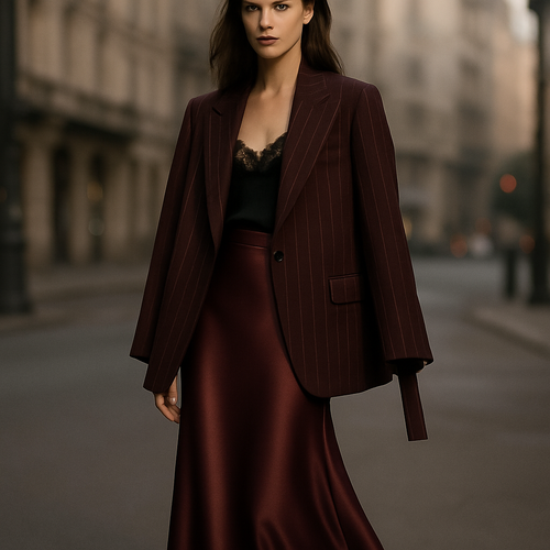 High fashion editorial full body street shot of an elegant woman. She drapes a dark bordeaux wool oversized blazer over her shoulders, not worn, arms not inside sleeves, sleeves hanging naturally down, casually elegant. The fabric is dark bordeaux with single thin white vertical pinstripes, evenly spaced exactly like the reference texture, straight and orderly, no double stripes, soft luxurious wool texture. The blazer has a single button design, no chest pocket, only two flap pockets at the bottom. Underneath she wears a black lace camisole top, V-neck, delicate straps. She pairs it with a long dark bordeaux satin skirt with a soft sheen and fluid drape, and pointed-toe high heels. Confident elegant posture, cinematic soft lighting, modern city street background slightly out of focus, luxury fashion editorial, Vogue magazine aesthetic, full body visible, sharp focus.” The model should carry the jacket on her shoulders, not wearing her sleeves. The stylish woman walking down the street should look like she's a little cold and has her jacket on her shoulders.
