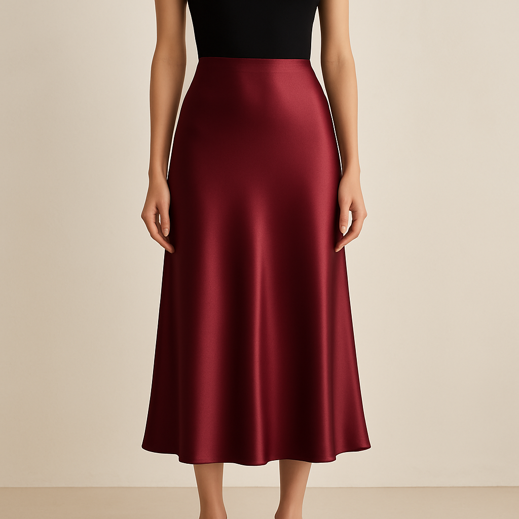 A luxury fashion product photo for an online store. A female model wears a midi satin skirt in deep bordeaux. The skirt is the main focus: silky, fluid texture, premium high-quality fabric, elegant drape. Minimal styling, no blazer, no jacket, no accessories. Neutral studio-like background, soft daylight, ghost mannequin 3D/4D effect to highlight the skirt shape. Clean, minimal, professional e-commerce photography.
A luxury fashion product photo for an online store. A female model wears a midi satin skirt in deep bordeaux. The skirt is the main focus: silky, fluid texture, premium high-quality fabric, elegant drape. Minimal styling, no blazer, no jacket, no accessories. Neutral studio-like background, soft daylight, ghost mannequin 3D/4D effect to highlight the skirt shape. Clean, minimal, professional e-commerce photography., None style