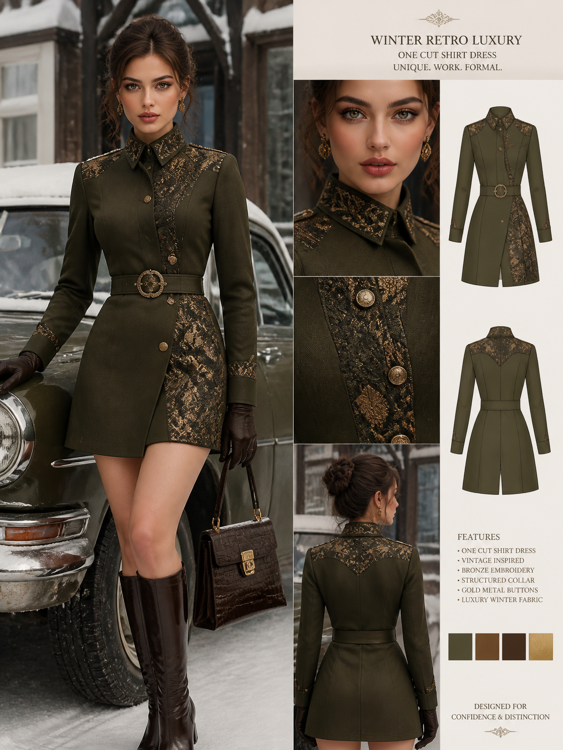 create winter unique work formal out fit luxury with bronze green eye model winter shirt dress short out fit one cut
create winter unique work formal out fit luxury with bronze green eye model winter shirt dress short out fit one cut, retro style