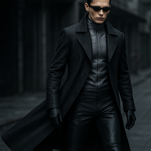 A sleek, long black trench coat with subtle embossed logos on the back, high-neck inner lining in reflective gunmetal or dark gray, slim tactical black pants with matte and glossy panels, minimalistic black gloves, narrow cyberpunk sunglasses, dramatic flowing movement, cinematic lighting, high fashion streetwear aesthetic, hyper-realistic, cyber-noir style, inspired by Matrix fashion"