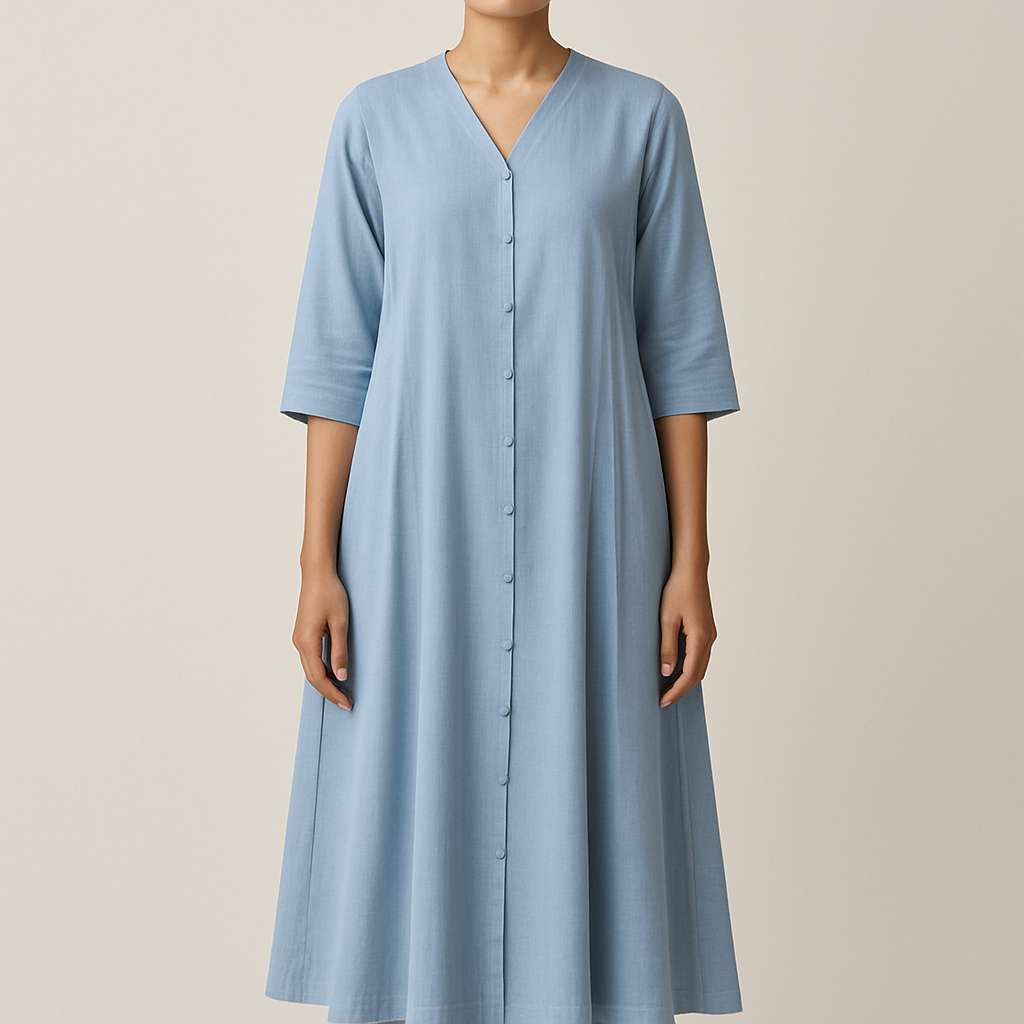 A line angrakha kurta , fully front open from top to hemline  . On the back pleats from top neck to hemline
Ready To Wear fashion design: A-line angrakha kurta, fully front open. Back pleats from neckline to hem. Made from soft cotton, solid sky blue. Relaxed fit, ankle length. This ready-to-wear piece is simple and elegant.