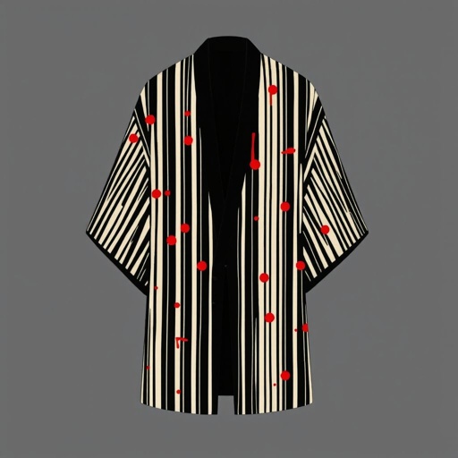 
Design a men's kimono with a futuristic, minimalist aesthetic. The kimono should feature vertical lines in varying widths and lengths, randomly placed across the fabric in red, creating a dynamic and fluid pattern. The base color should be black, with the red lines adding an energetic, yet balanced contrast. The design should evoke a modern and shamanic feel, blending tradition with innovation. The overall silhouette should be sleek, clean, and sophisticated, combining spiritual and futuristic elements."
