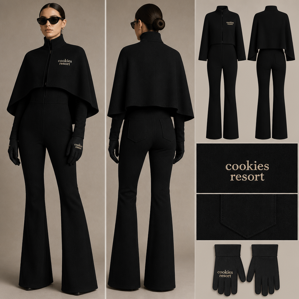 All-black warm long-sleeve cape, same length front and back all around one piece bootcut wool jumpsuit with cookies resort logo with ivory stitching, then add black pockets. make sure pockets have black stitching only. include logo hand gloves
All-black warm wool jumpsuit, bootcut silhouette, one-piece. Long-sleeve cape, same length front and back. Ivory "cookies resort" logo stitching. Black pockets with black stitching. Includes logo hand gloves.