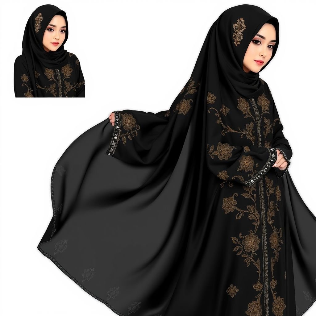 Arab women's abaya design


Elegant black abaya, cascading fabric with intricate gold embroidery tracing floral patterns. Flowing silhouette, soft, lightweight silk blending tradition with modernity. Draped sleeves, embellished cuffs reflecting cultural artistry. Delicate crystal beading along hemline, adding subtle sparkle. Hidden pockets, functional yet stylish. Complemented by a matching hijab adorned with geometric motifs.