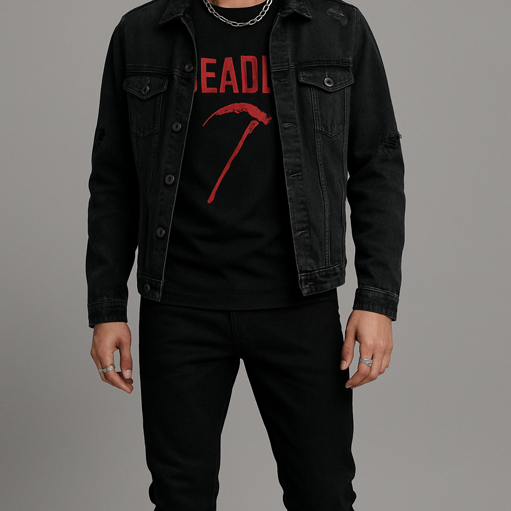 ere’s a stylish, statement-making outfit inspired by your preferences:

- **Top:** A sleek black graphic tee featuring bold red letters and symbolic designs representing Juneteenth—think subtle elements like chains breaking, raised fists, or stars to honor the celebration.

- **Jacket:** Your standout piece: a dark black denim jacket with purposeful rips spread throughout, giving it a rugged, edgy vibe that perfectly complements the powerful message on your tee.

- **Bottoms:** Pair it with slim black jeans or black cargo pants to keep the look cohesive and let the jacket and tee shine as the focal points.

- **Footwear:** Black high-top sneakers or combat boots to reinforce the edgy, urban feel.

- **Accessories:** Consider simple silver or black jewelry—like a chain necklace or a few rings—to match the jacket’s vibe without overpowering the outfit.

This ensemble not only looks cool but also carries meaningful symbolism, letting you celebrate Juneteenth with style and purpose.

**Top:** Black cotton slim-fit graphic t-shirt with red letters and symbolic print.
**Jacket:** Dark black denim regular-fit jacket with rips.
**Bottoms:** Black slim jeans or black cargo pants.
**Footwear:** Black high-top sneakers or black combat boots.
**Accessories:** Silver or black chain necklace, silver or black rings.