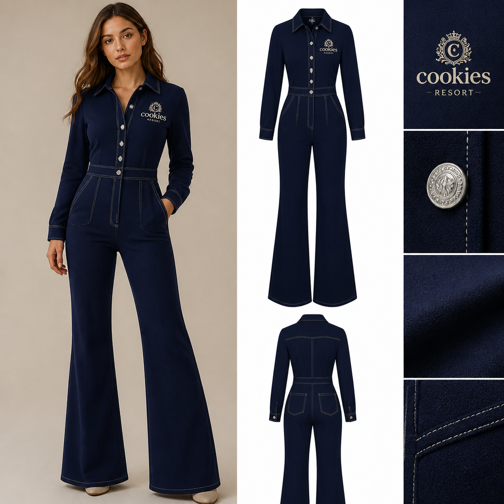 all navy blue warm wool long sleeve bootcut jumpsuit with cookies resort logo and ivory stitching, silver buttons
Navy blue warm wool long-sleeve bootcut jumpsuit with cookies resort logo and ivory stitching, silver buttons. Fabric: Wool. Silhouette: Fitted top, flared leg. Pattern: Solid with logo.