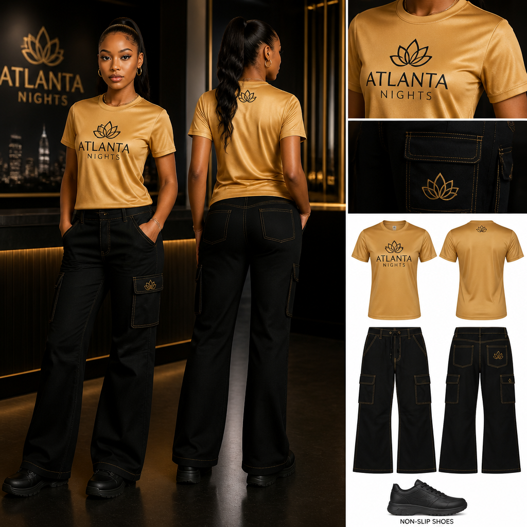 womens hostess staff uniform with gold dry fit jersey with ATLANTA NIGHTS business logo with black bootcut fit pants with multiple pockets and relaxed and gold stitching, streetwear inspired and black non-slip shoes. The uniform is made of lotus fabric. Remove lotus flower from the uniform
Women's hostess staff uniform: gold dry-fit jersey, crew neck, ATLANTA NIGHTS logo. Black lotus fabric bootcut pants, relaxed fit, multiple pockets, gold stitching. Streetwear inspired. Black non-slip shoes.