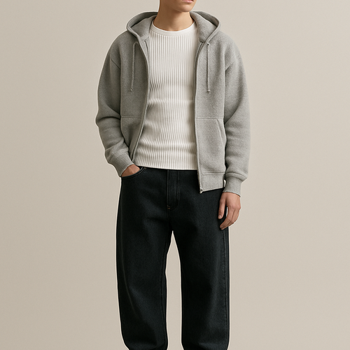 I want white tight shirt like from shop named 'house' and black baggy jeans, I want like grey unzipped baggy hoodie and brown nike shoes
