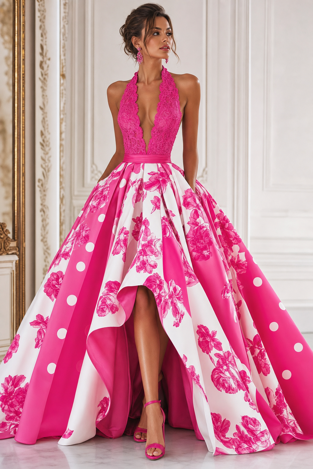 Hot pink lace halter top lower in center front. Hot pink and white flowers and pokadots on bottom half of dress. Hot pink high heel.
Haute Couture fashion design: Hot pink lace halter top, plunging neckline. Full skirt, hot pink and white floral and polka dot pattern, voluminous. Perfected fit. Hot pink heels.